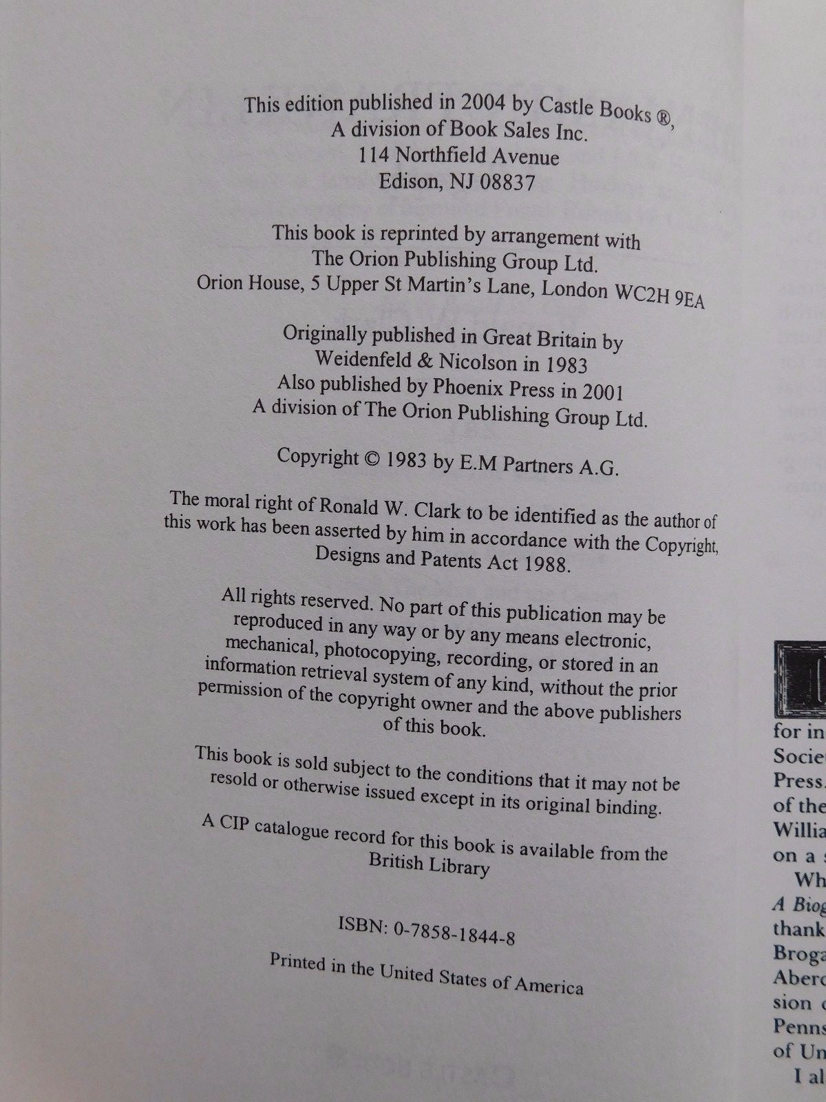 — A Biography by Ronald Clark 2004 Hardcover 520 pages Unread