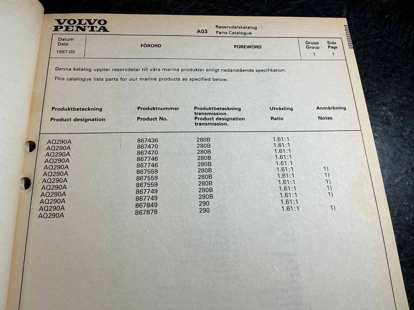 Volvo Penta AQ290A Parts Catalogue GM 5.7L 350 cu. in. V8