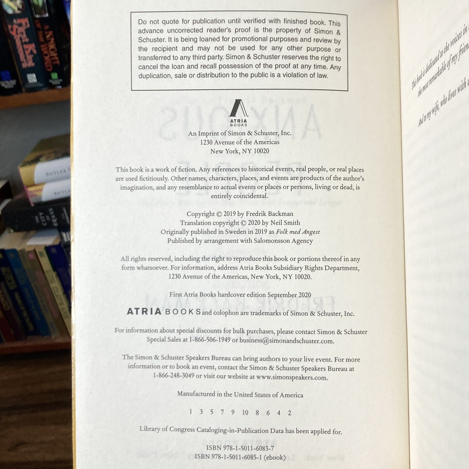 *ARC / Uncorrected Proof* Anxious People – Fredrik Backman (Atria, 2020)