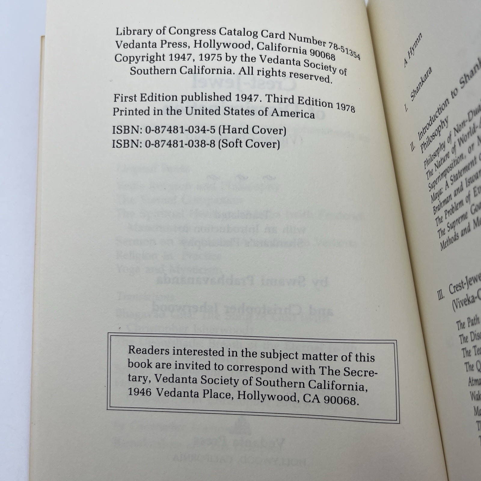 Shankara’s Crest-Jewel of Discrimination (PB, 1978) Vendata Press *Read