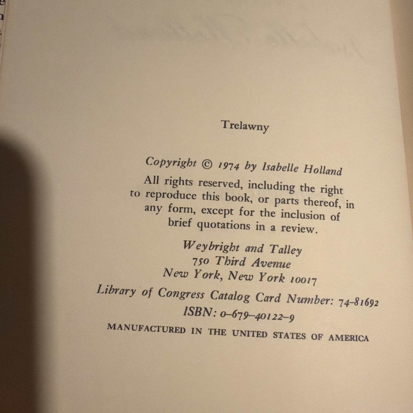 Trelawny Isabelle Holland 1974 Hardcover Dust Jacket Gothic Fiction Novel