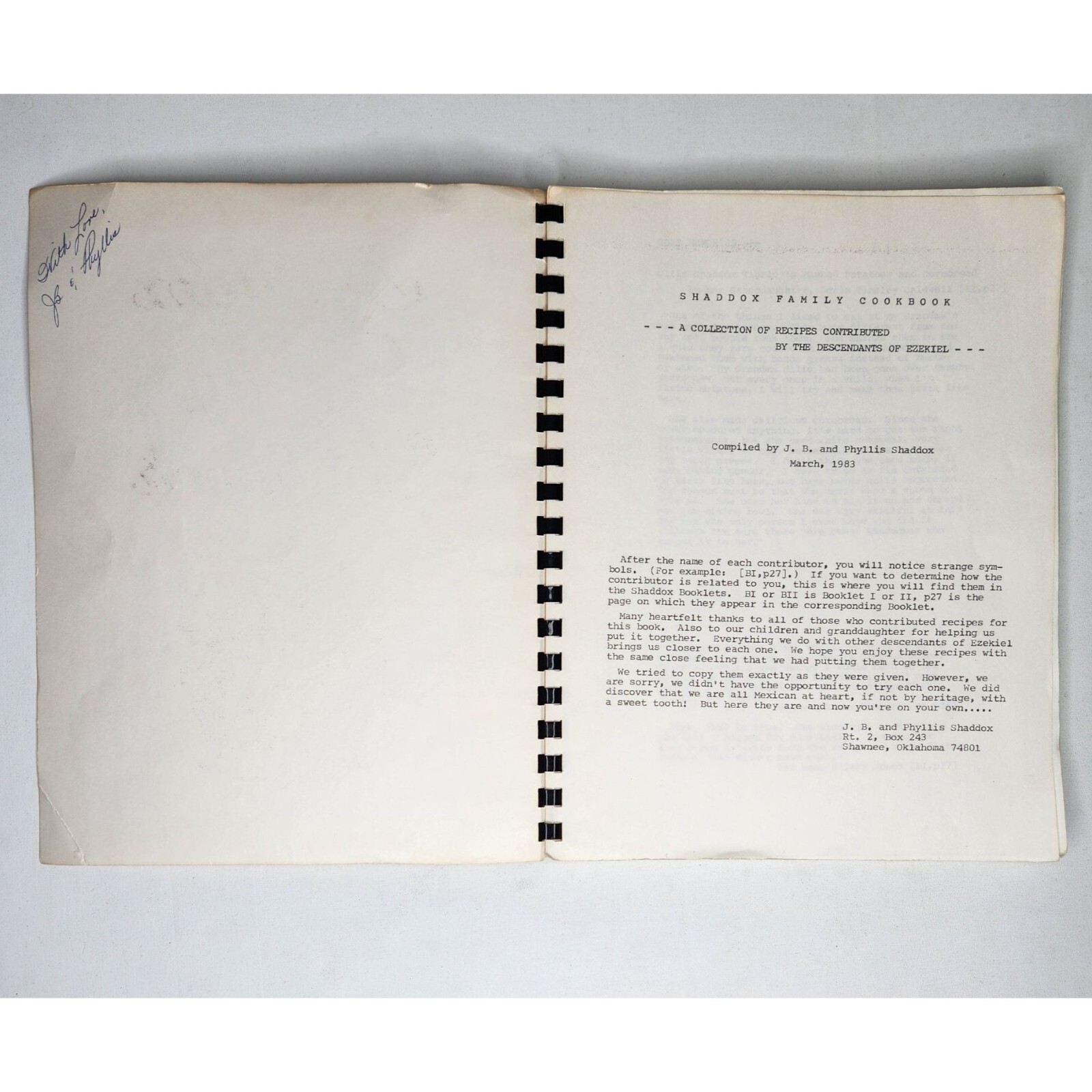 1983 Shaddox Family Cookbook Recipes Collection 8.5 x 11in Spiral Typed Heritage