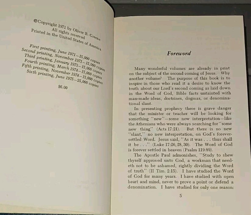 The Second Coming of Jesus by Oliver B. Greene 1975 Sixth Printing Hardcover