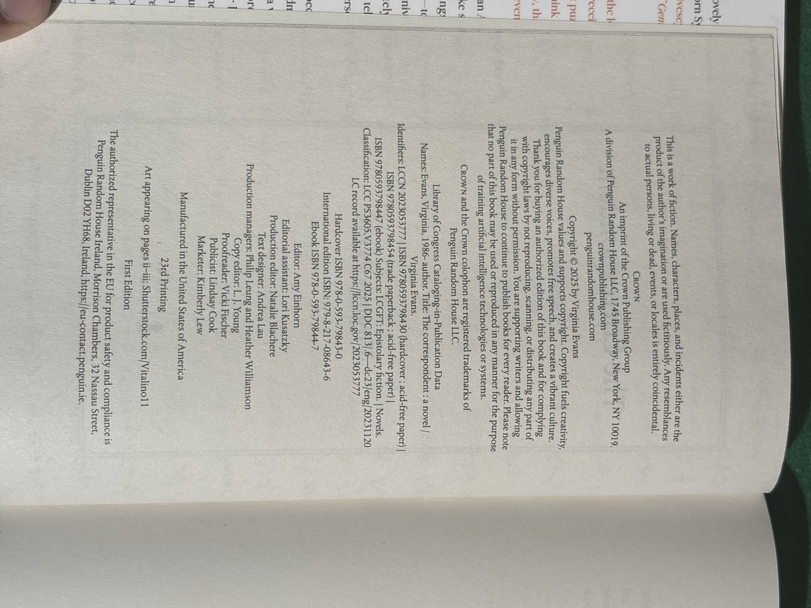 Virginia Evans The Correspondent: A Novel Hardcover 2025 Epistolary Fiction