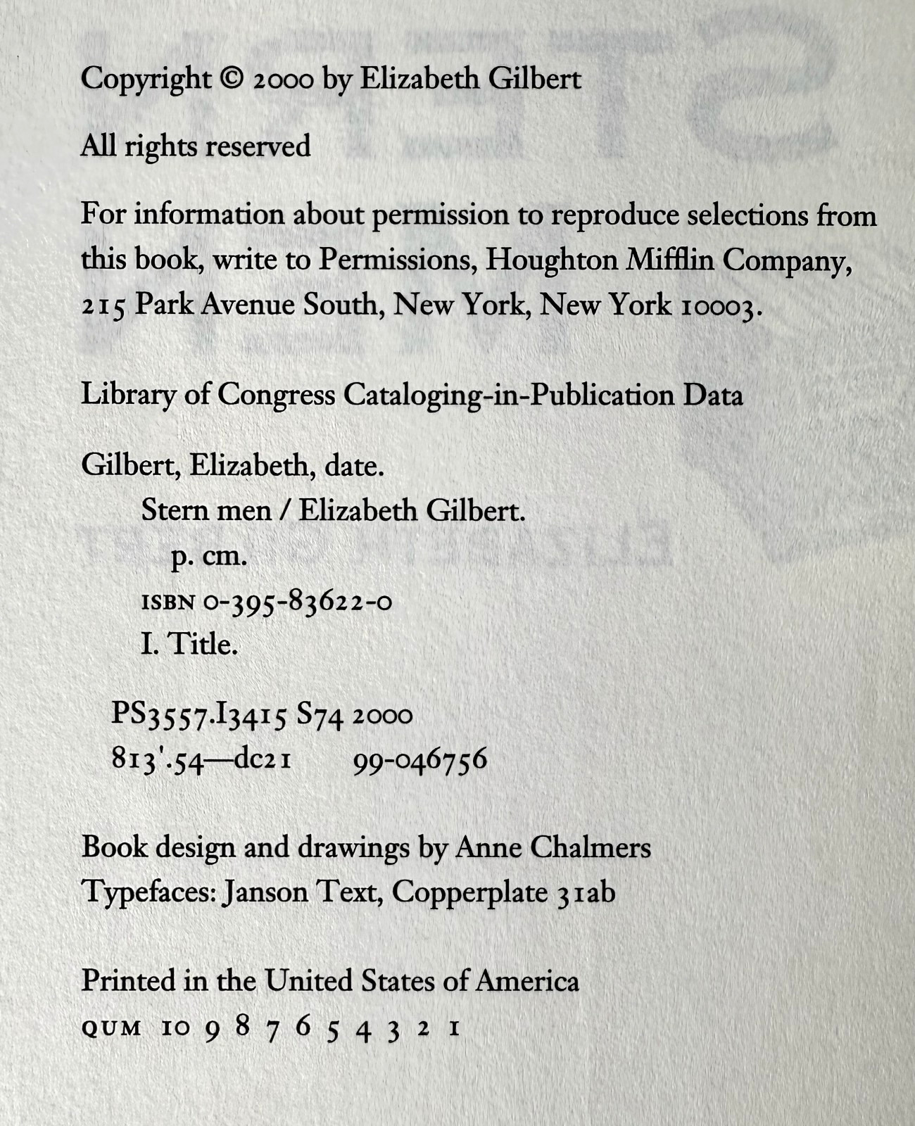 Stern Men, Elizabeth Gilbert 2000 HCDJ 1st ed 1st printing in Mylar, Very good