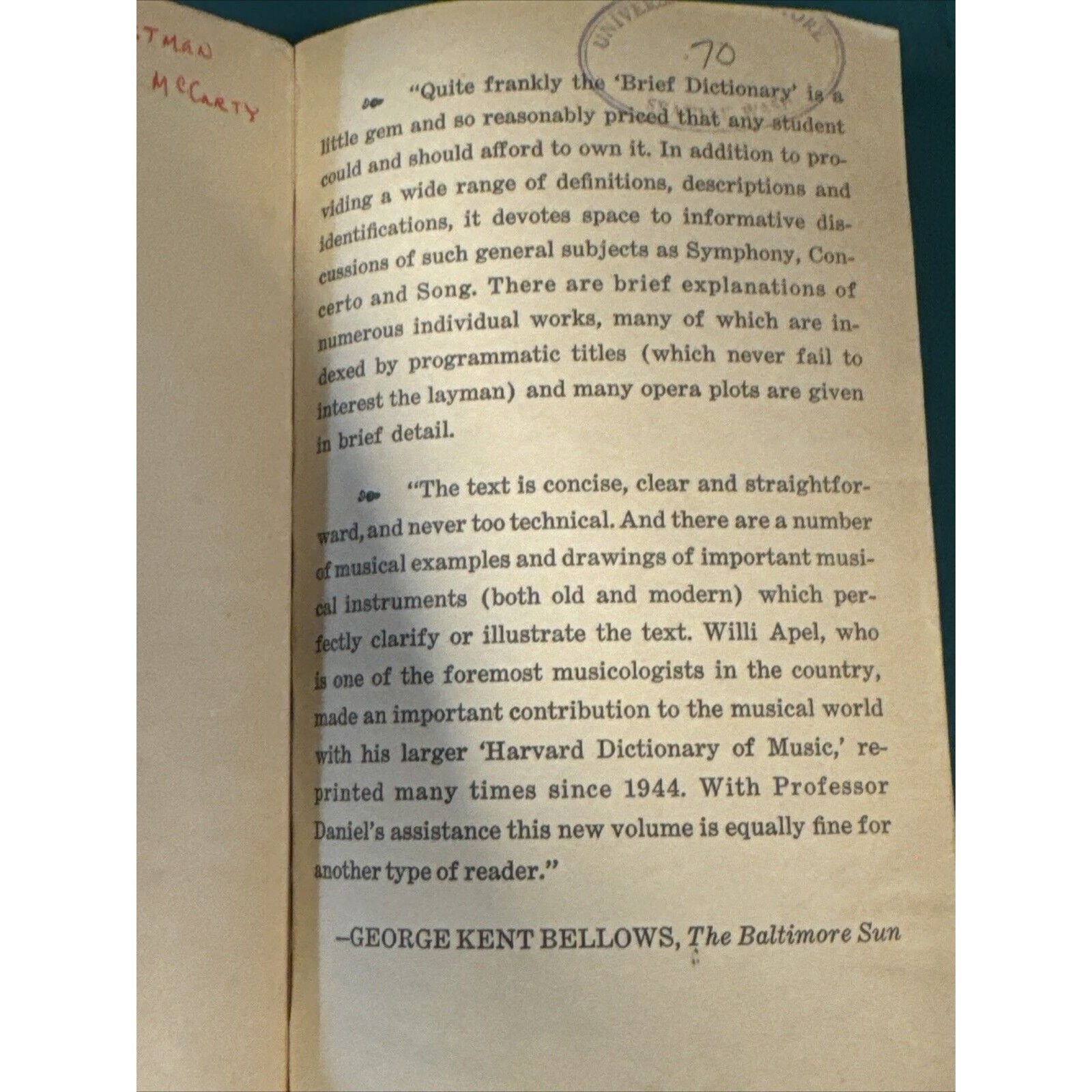 The Harvard Brief Dictionary of Music Paperback By Willie Apel 1968 344 Pages