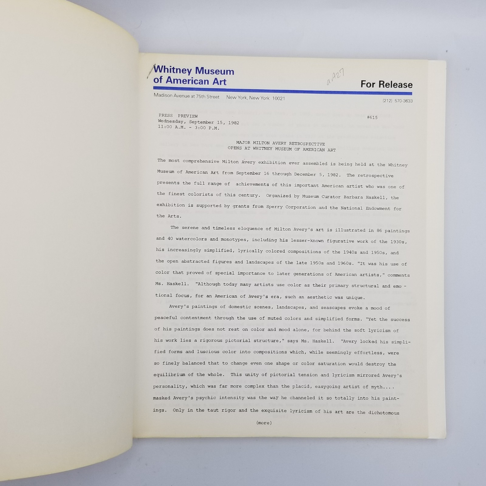 Milton Avery 1982 Whitney Exhibition Catalog 1st Ed – Press Release Included