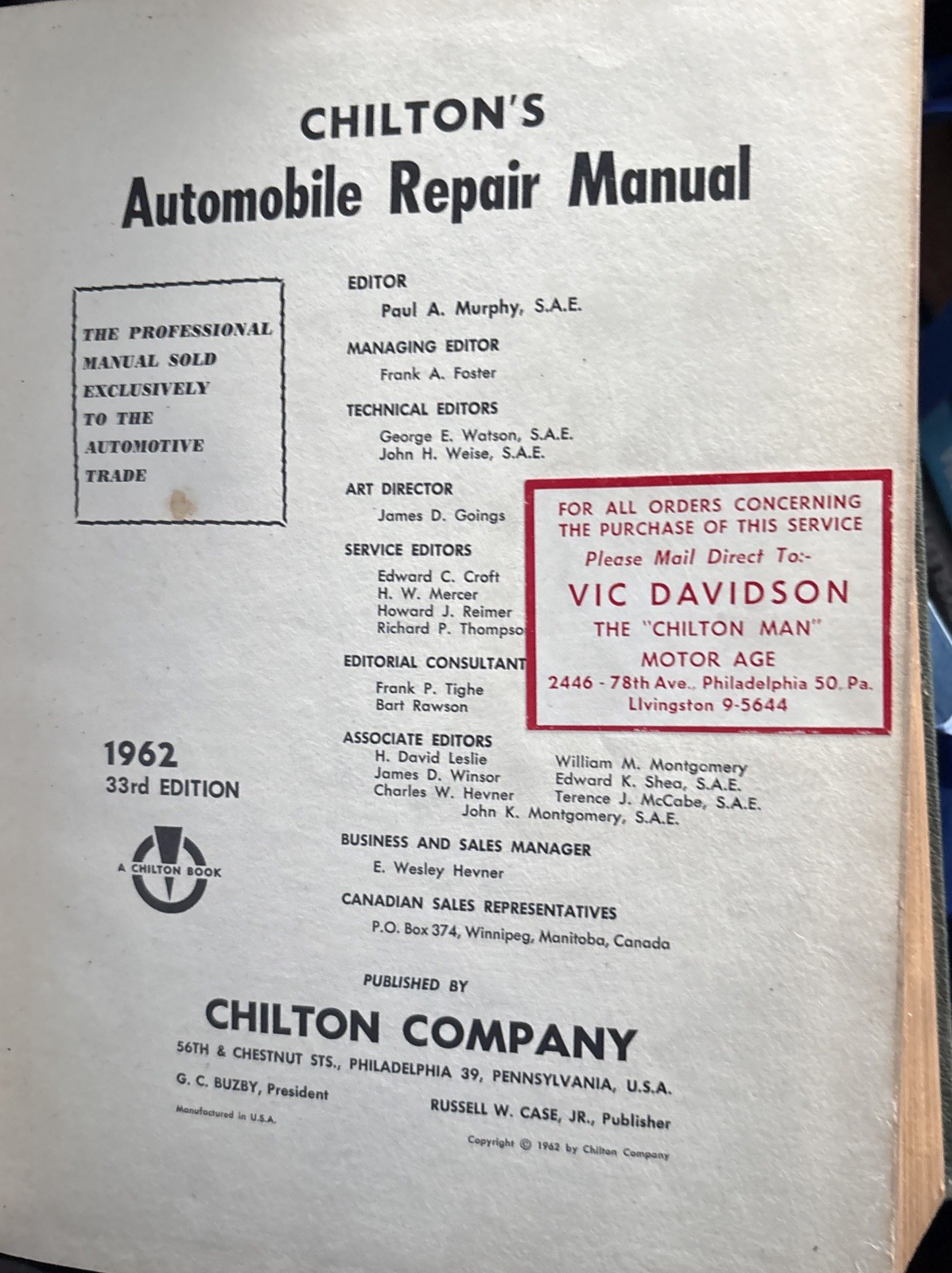 Chilton’s Auto Repair Manual 33th Year 1962