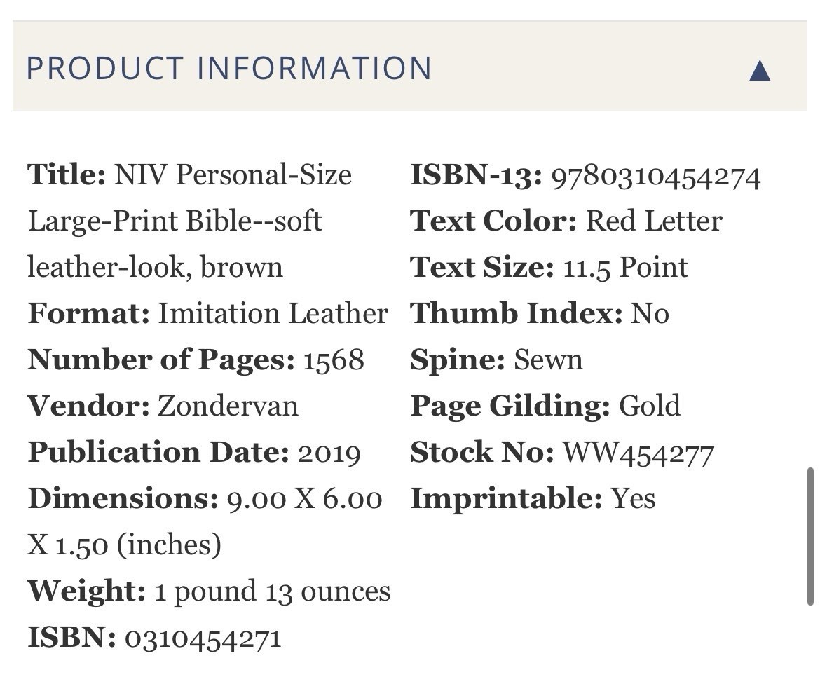 MAGNETIC CLOSURE NIV LARGE PRINT(11.5pt) Personal Size Bible Brown Leathersoft