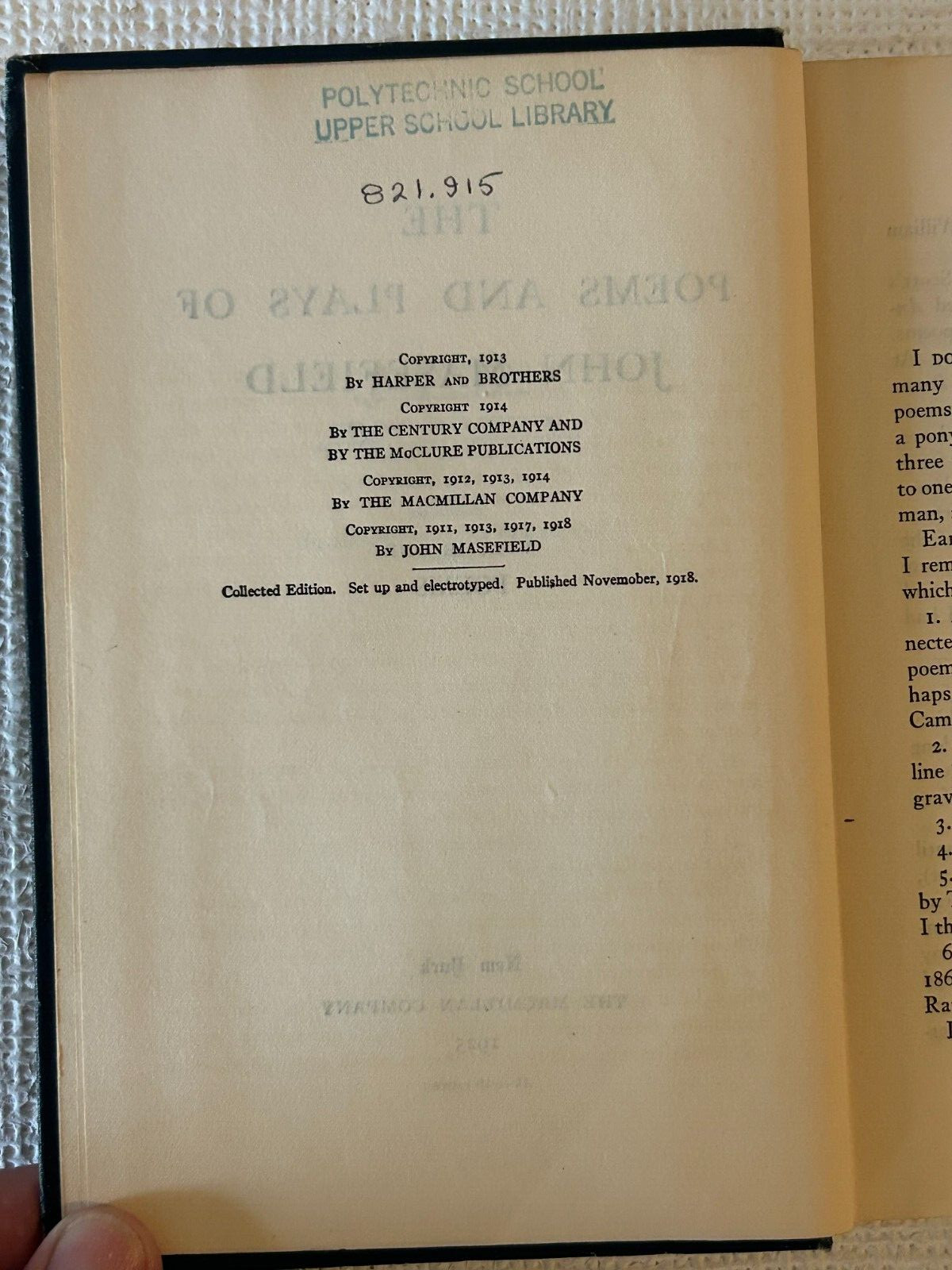 Collected Poems of John Masefield; Volume one POEMS; The MacMillan Company, 1925