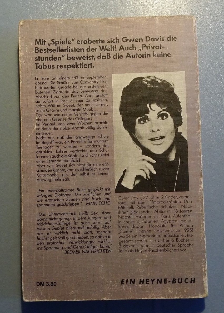 Privatstunde Novel Gwen Davis Wilhelm Heyne Publisher München 1975 2. Pad 202 S