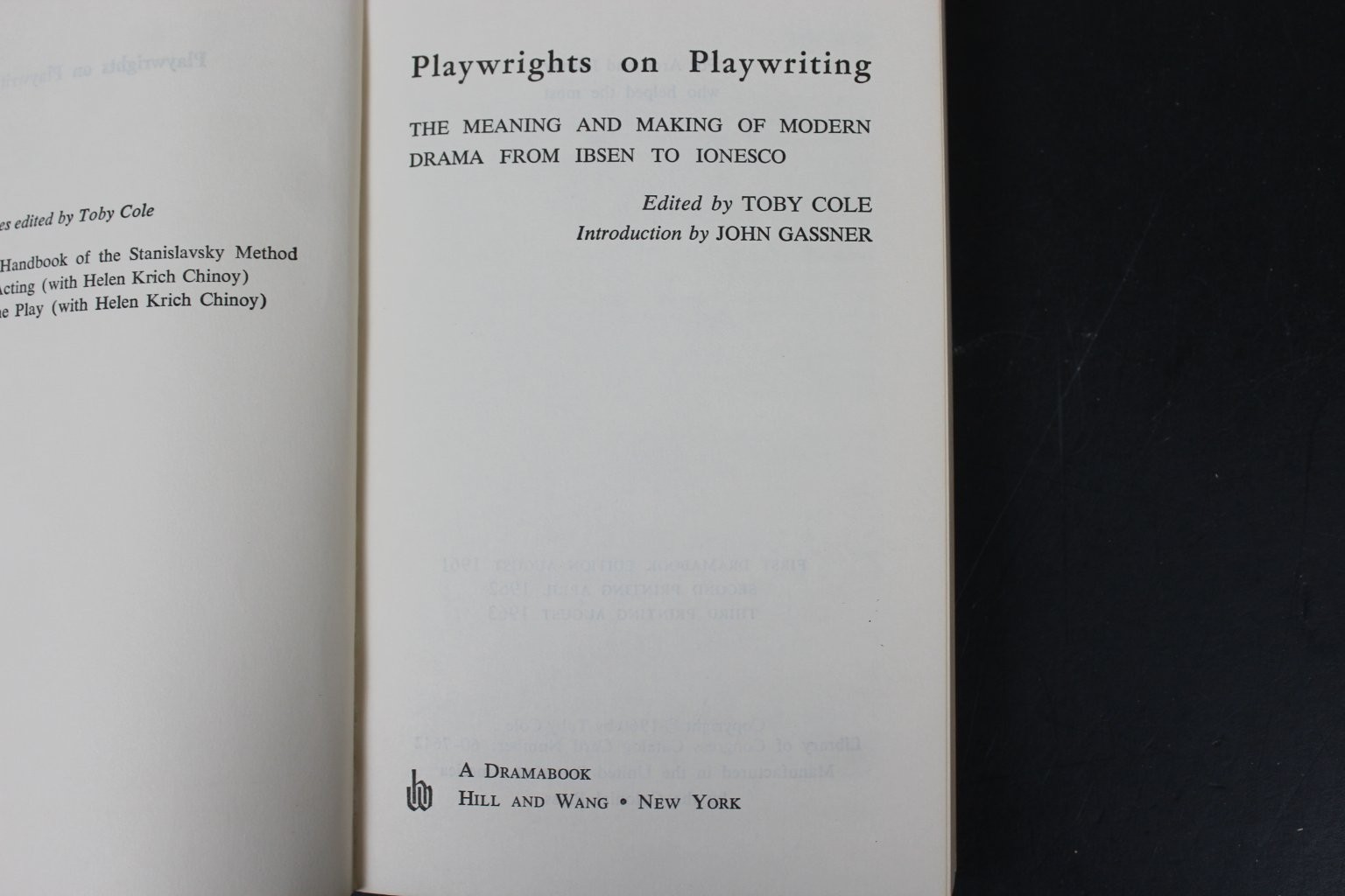 Playwrights on Playwriting Cole 1963 Drama Theory Anthology Hill & Wang PB ~VG