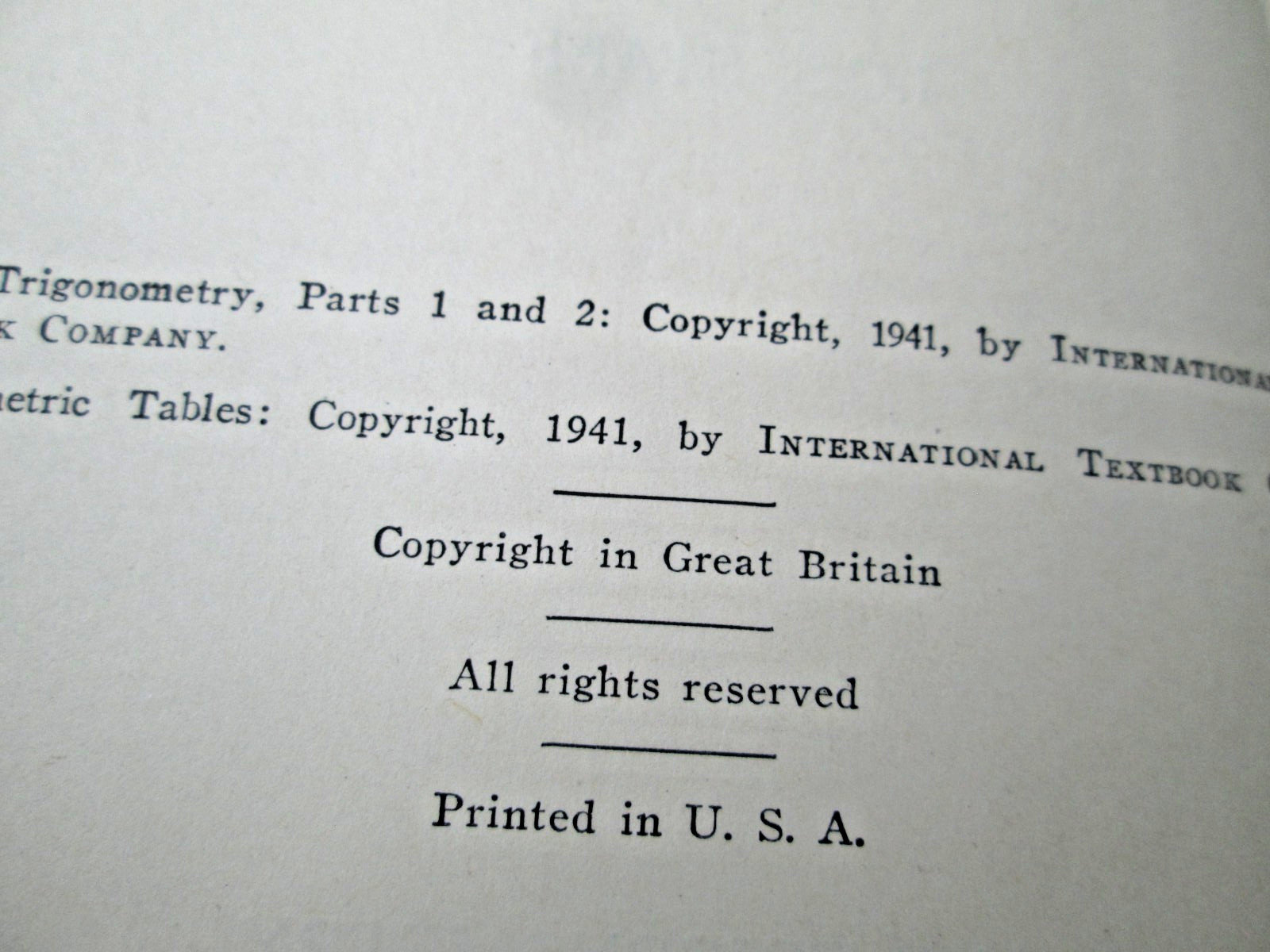 International Textbook Company Plane Trigonometry Parts 1-2 HC 1941 ICS Staff