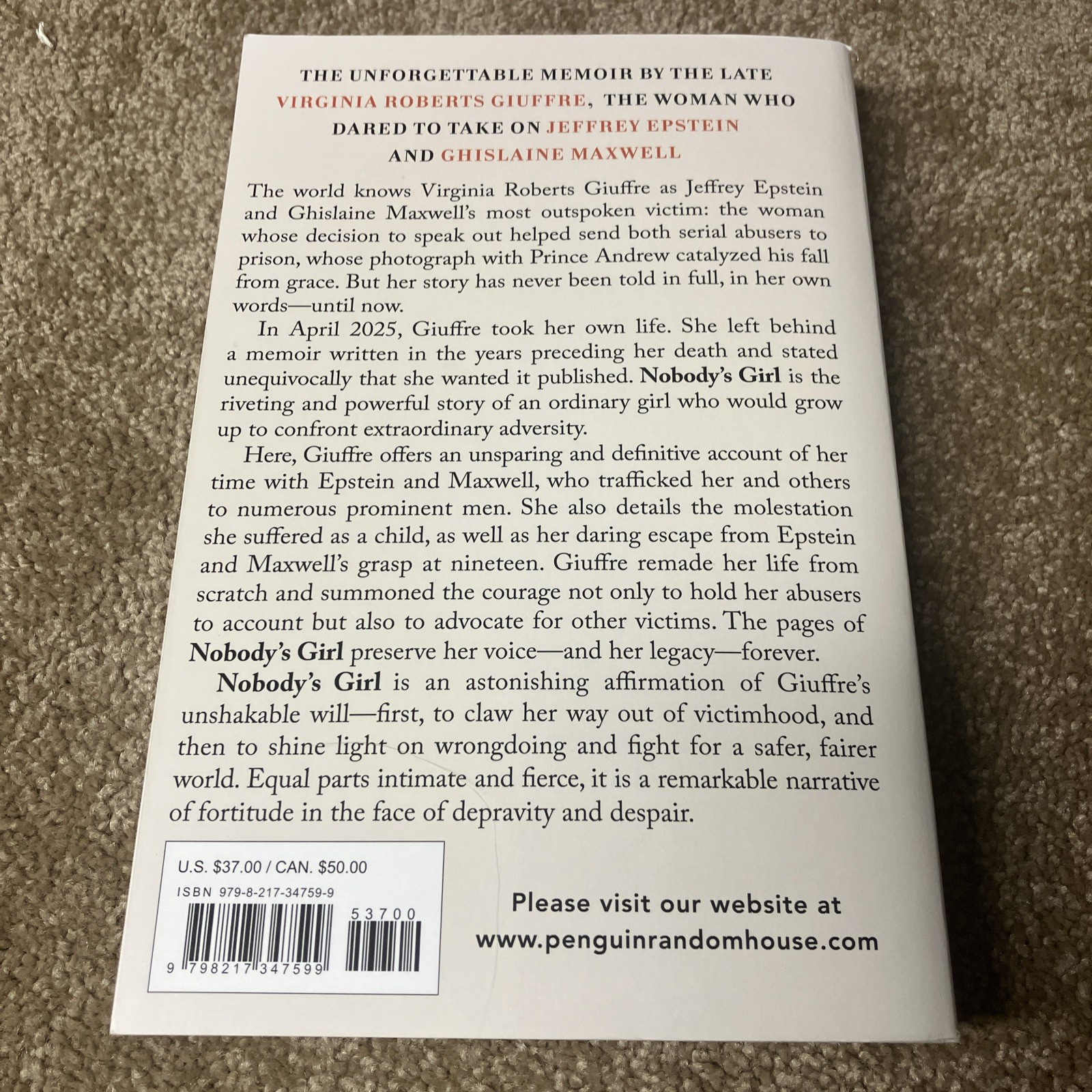 Nobody’s Girl: A Memoir of Surviving… by Virginia Roberts Giuffre LARGE PRINT