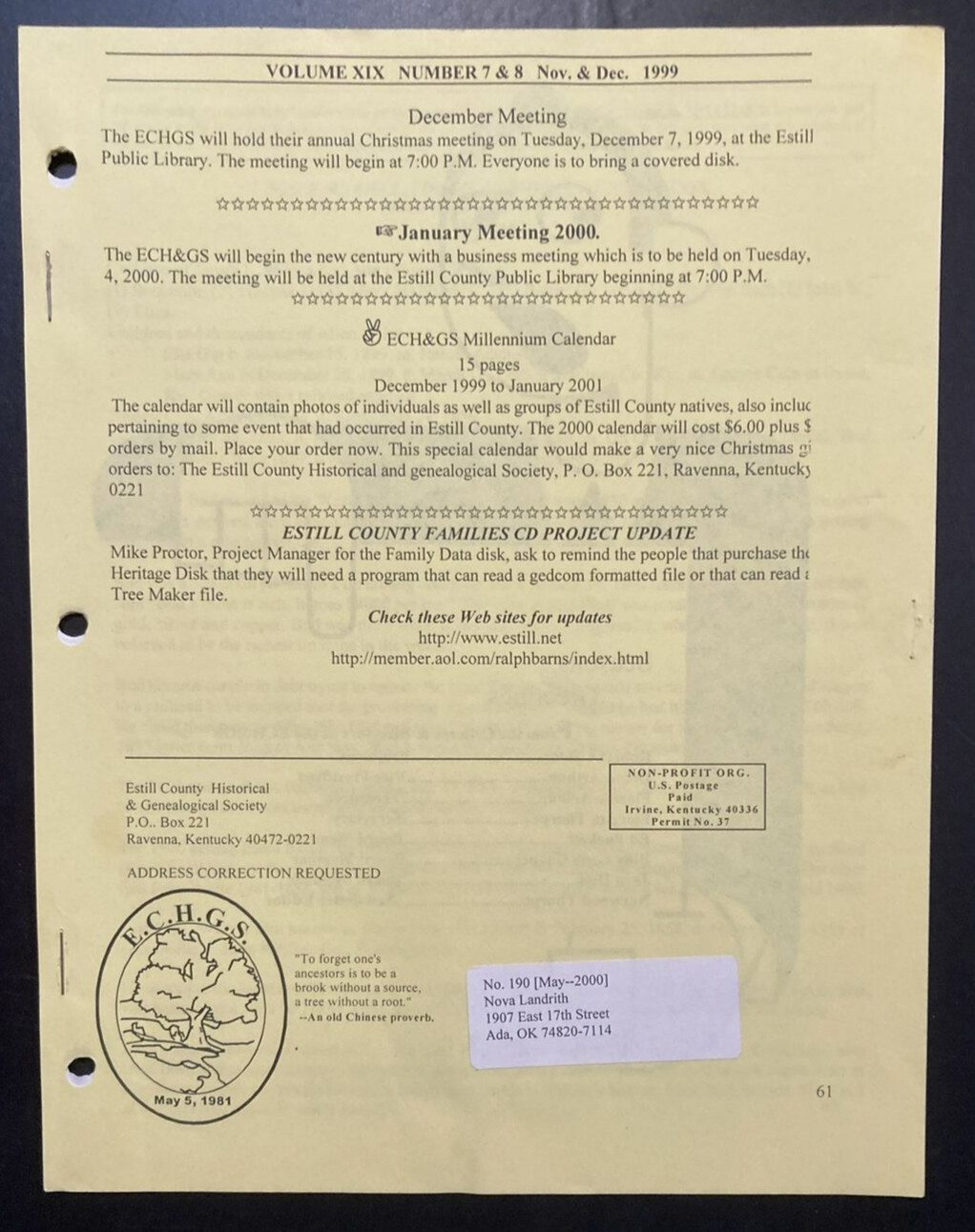 Estill County Kentucky Genealogical Society 1999 Newsletter 6 Issues ECHGS