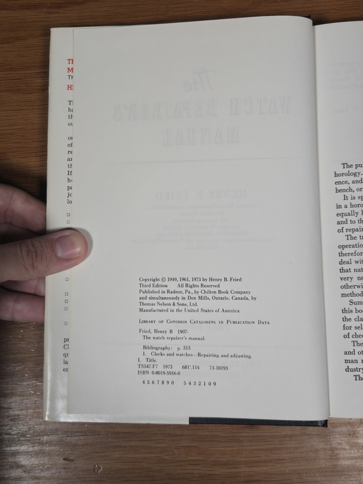 THE WATCH REPAIRER’S MANUAL BY HENRY FRIED 1974 THIRD EDITION Hardcover