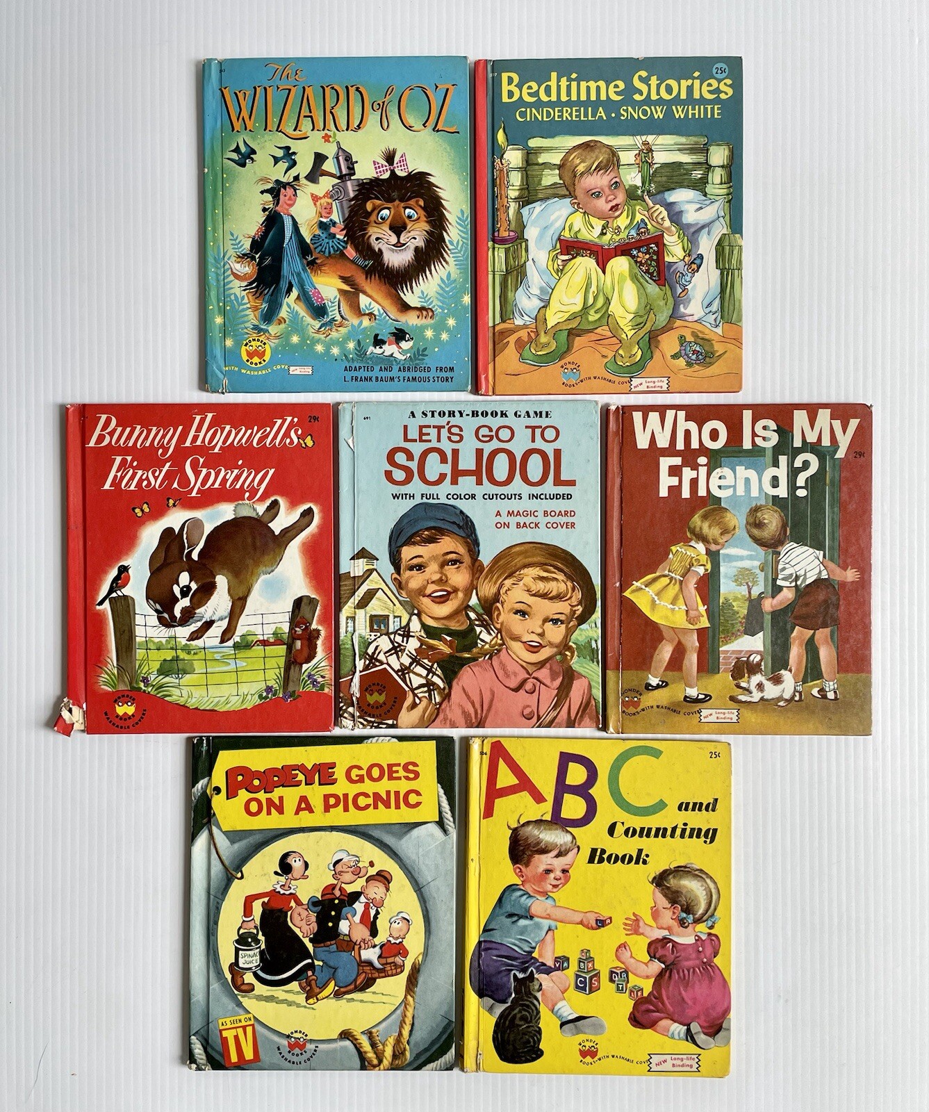 Lot 7 Vintage Children’s Wonder Books- Popeye, Bunny Hopwell, Wizard Of Oz Etc.