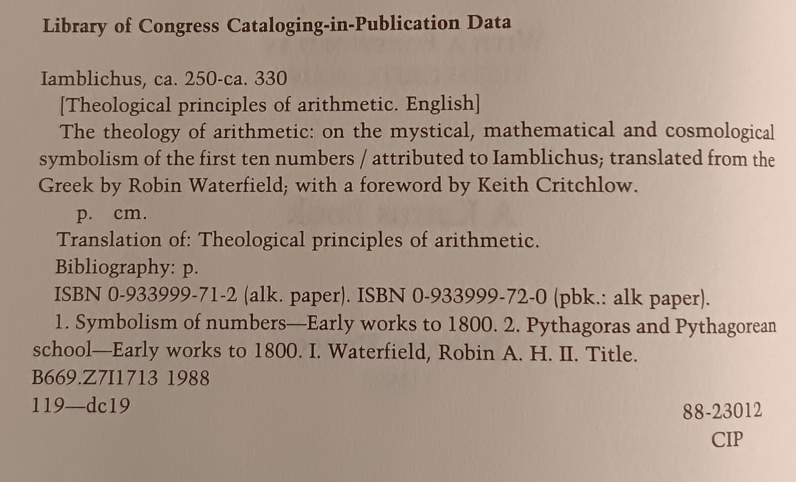 The Theology of Arithmetic (Iamblichus • Phanes Press • 1988 • 1st Thus/1st)