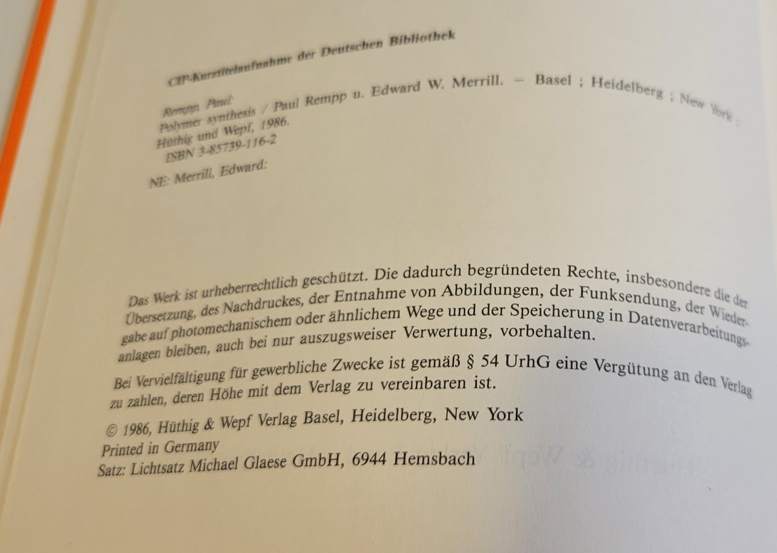 POLYMER SYNTHESIS (Rempp/Merrill) Germany HUTHIG WEPF Import HC Engineering BOOK