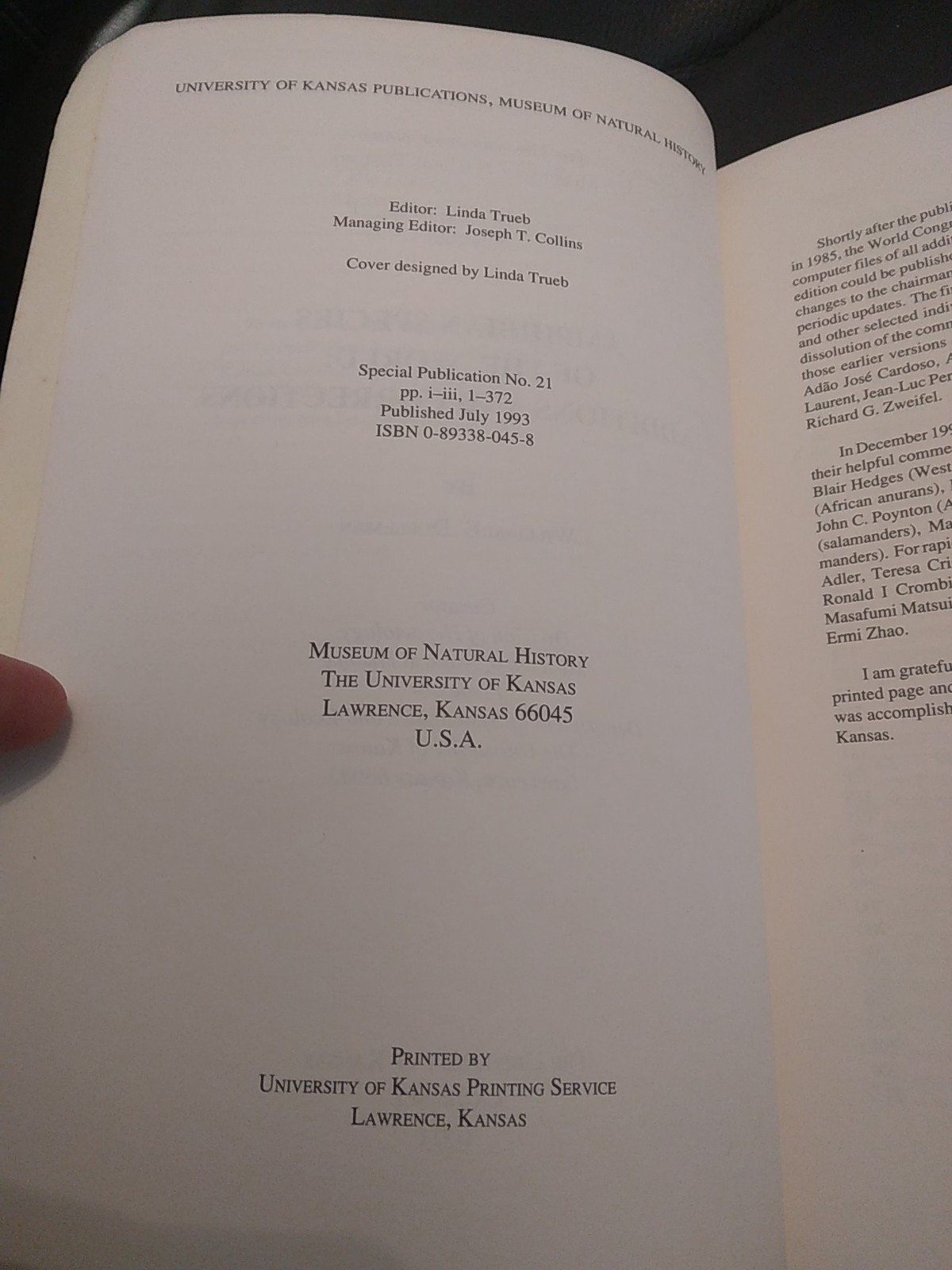 AMPHIBIANS SPECIES OF THE WORLD : ADDITIONS AND CORRECTIONS Duellman 1993