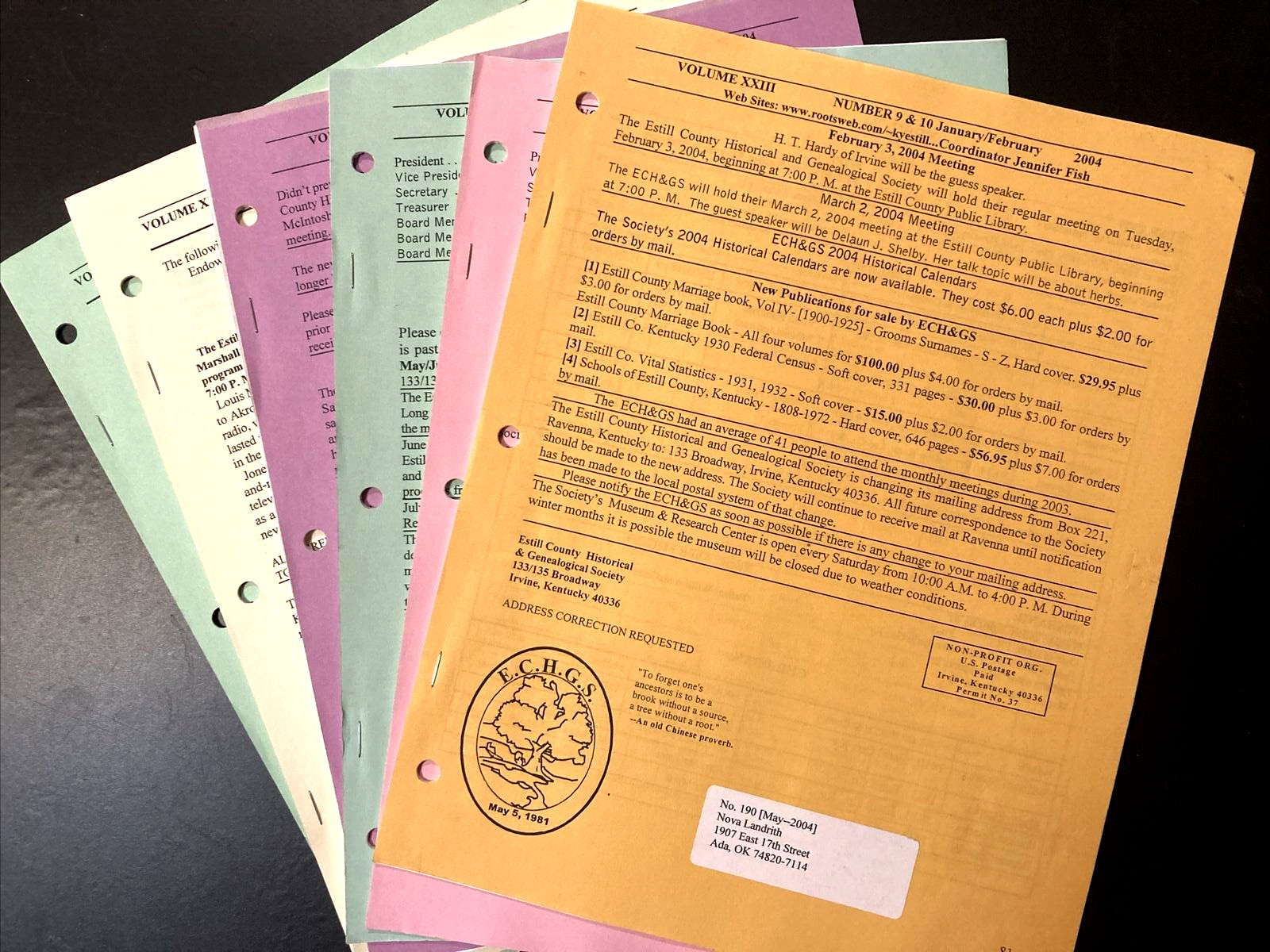 Estill County Kentucky Genealogical Society 2004 Newsletter 6 Issues ECHGS