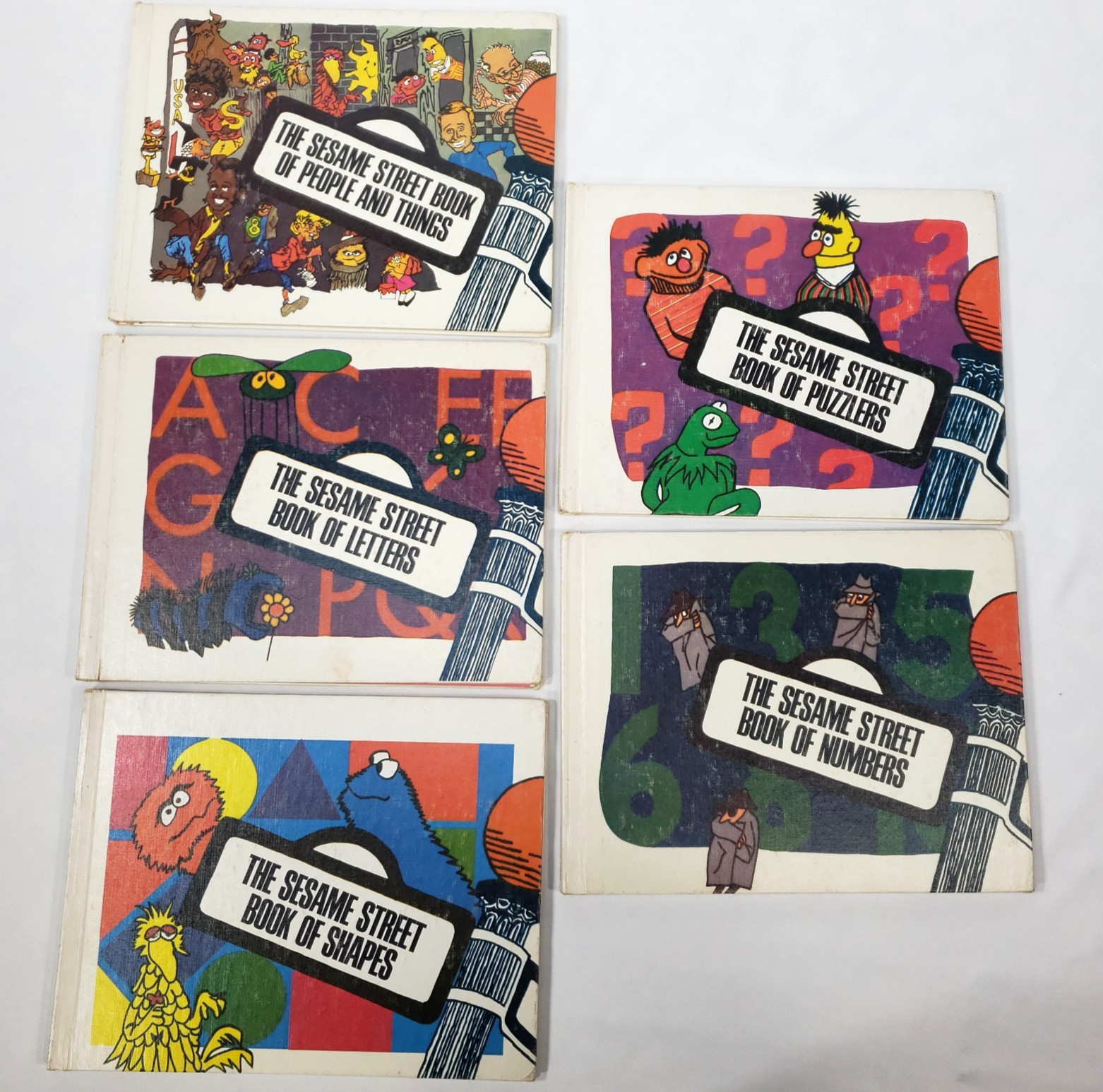 Vintage Sesame Street Books Lot 5 Preschool Press 1970s Hardcover Set Shapes ABC