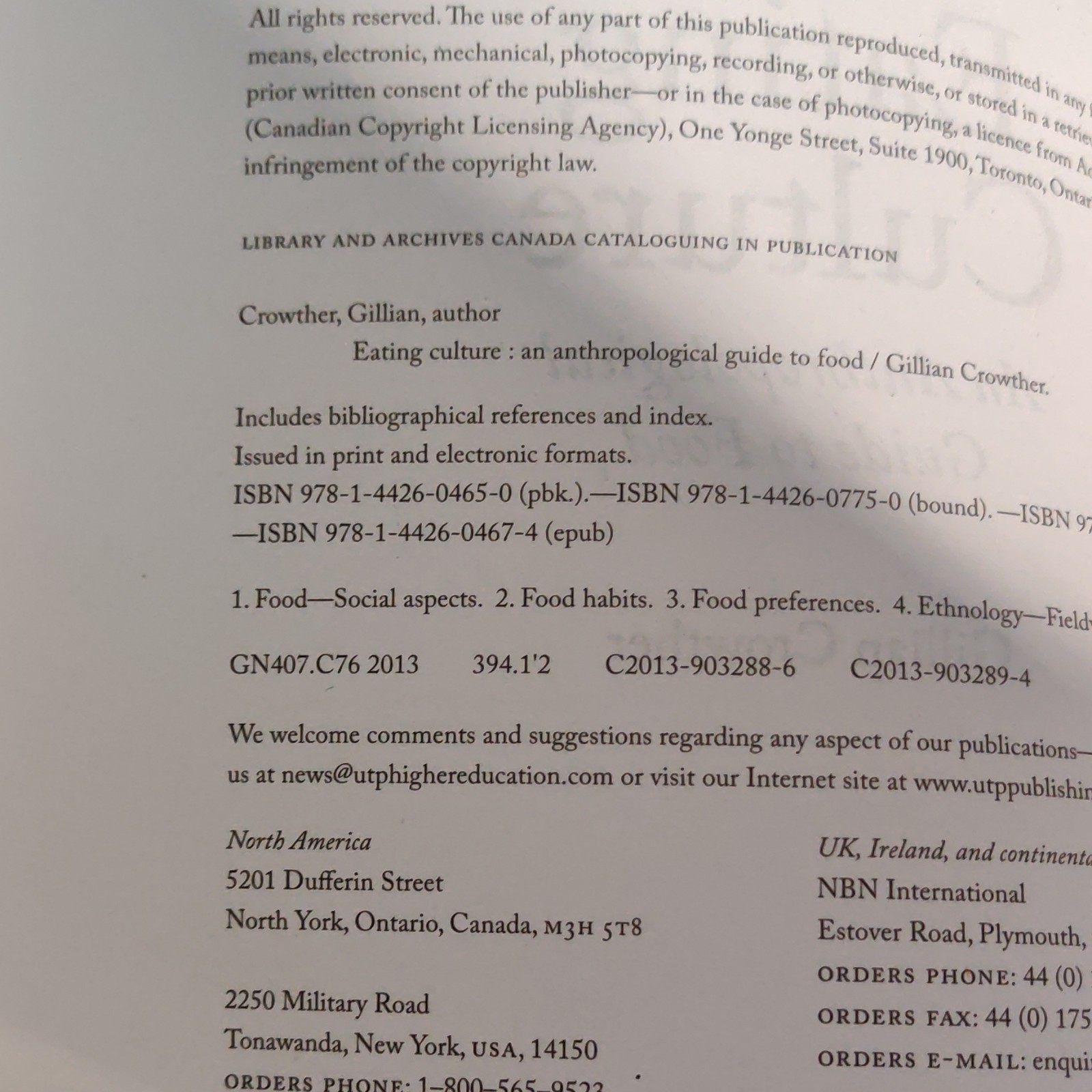 Eating Culture by Gillian Crowther, Univ of Toronto Press 2013 PB