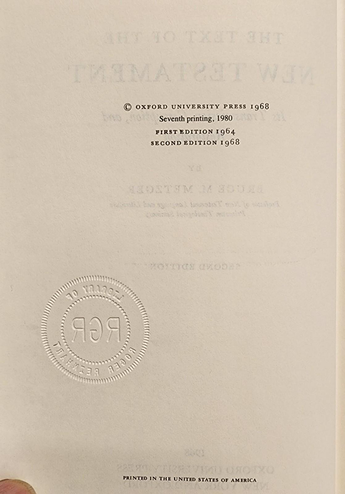 The Text of the New Testament by Bruce Manning Metzger HCDJ 2nd Ed 1968 Oxford