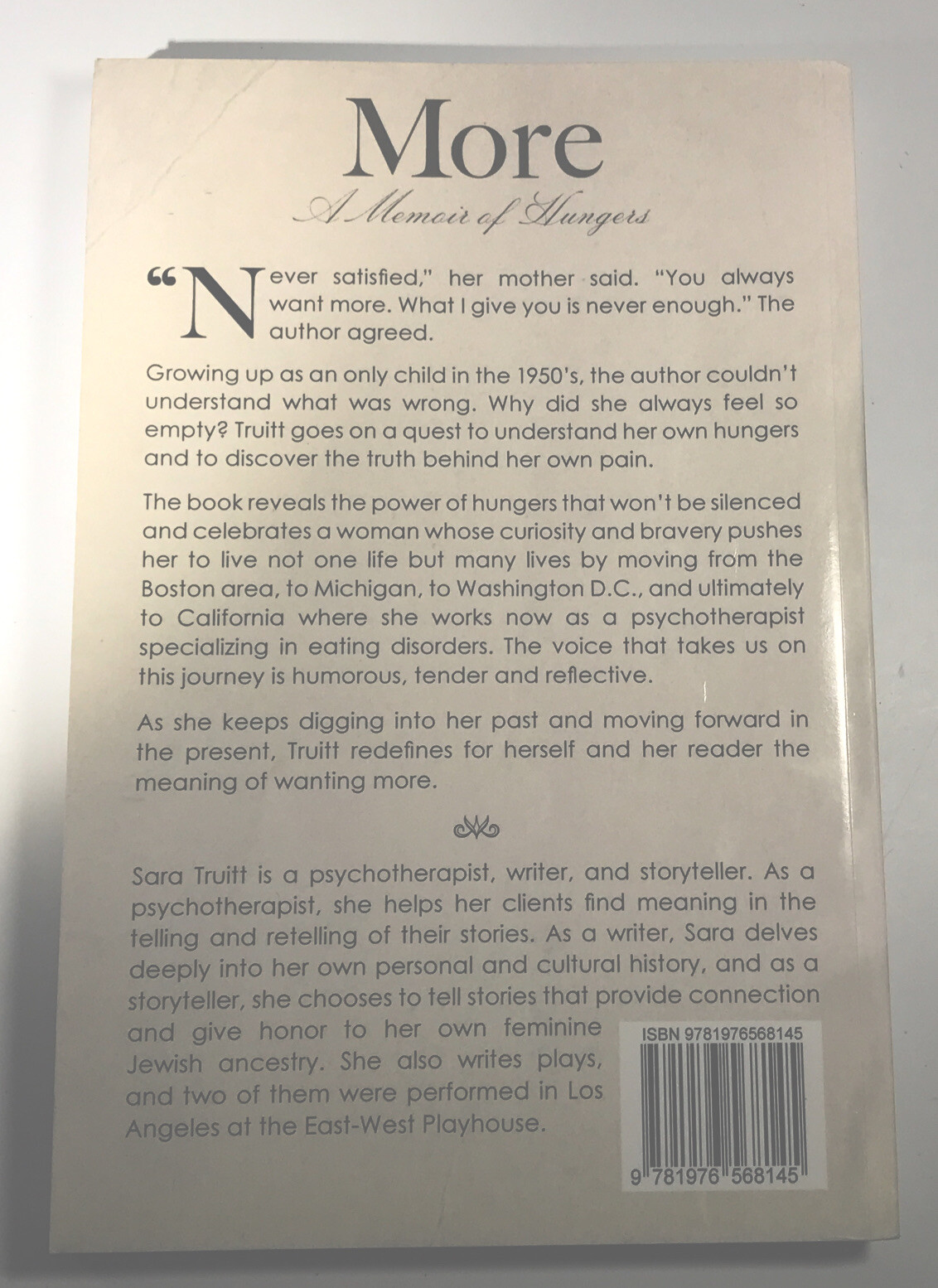 More a Memoir of Hungers By Sara Truitt Softcover Book Very Good