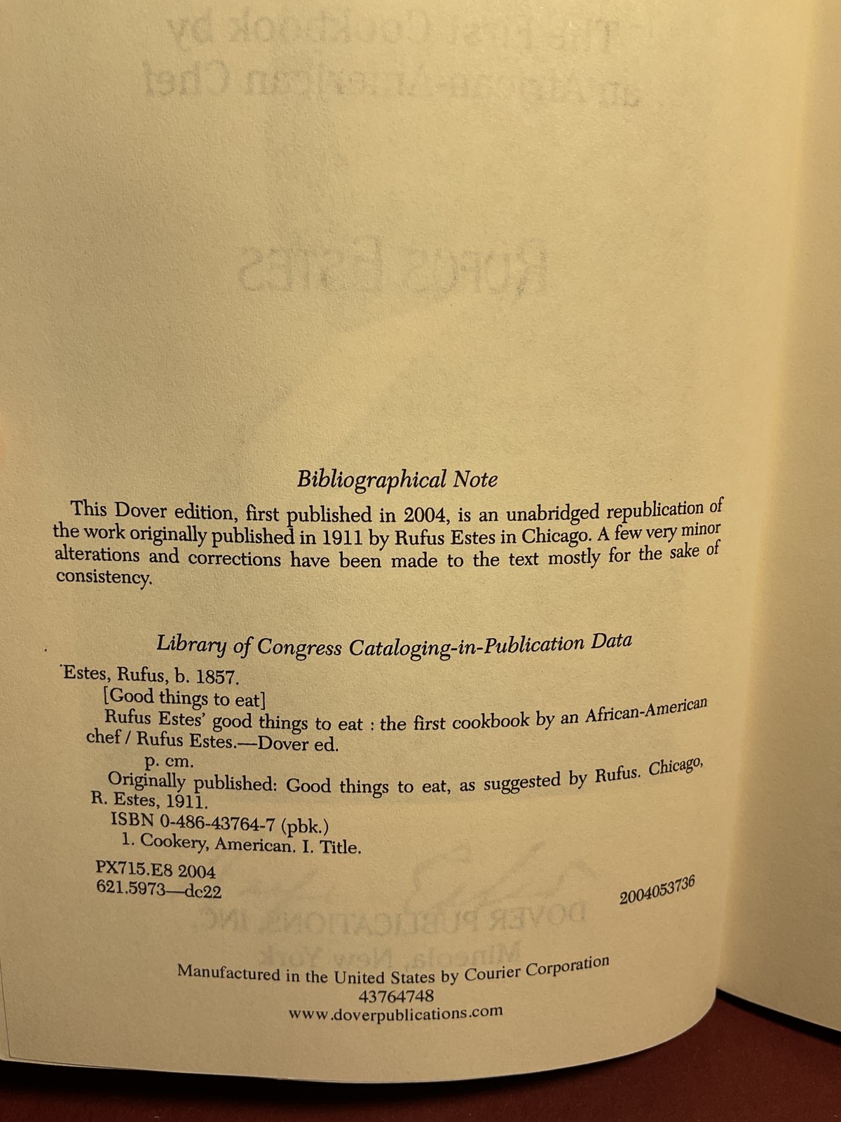 Rufus Estes‘ Good Things to Eat First African-American Chef Cookbook Dover 2004