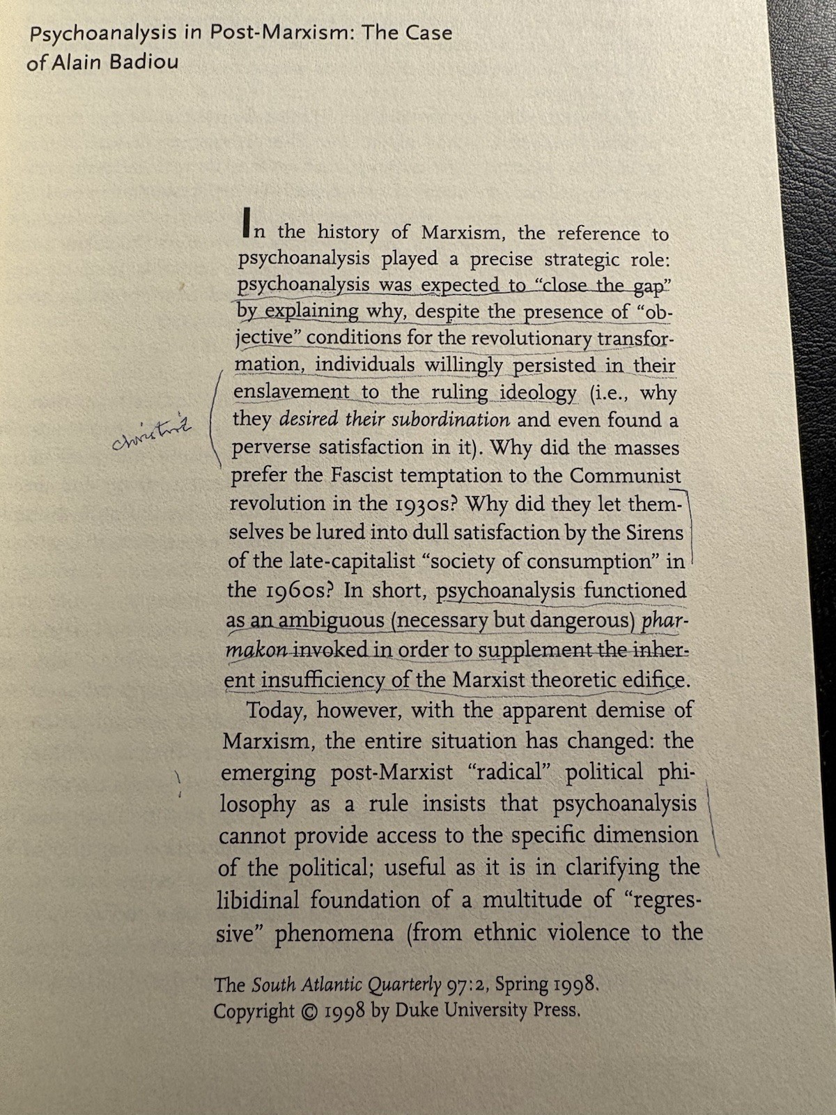 Psycho-Marxism Marxism Psychoanalysis SAQ 1998 Zizek Badiou Duke PB