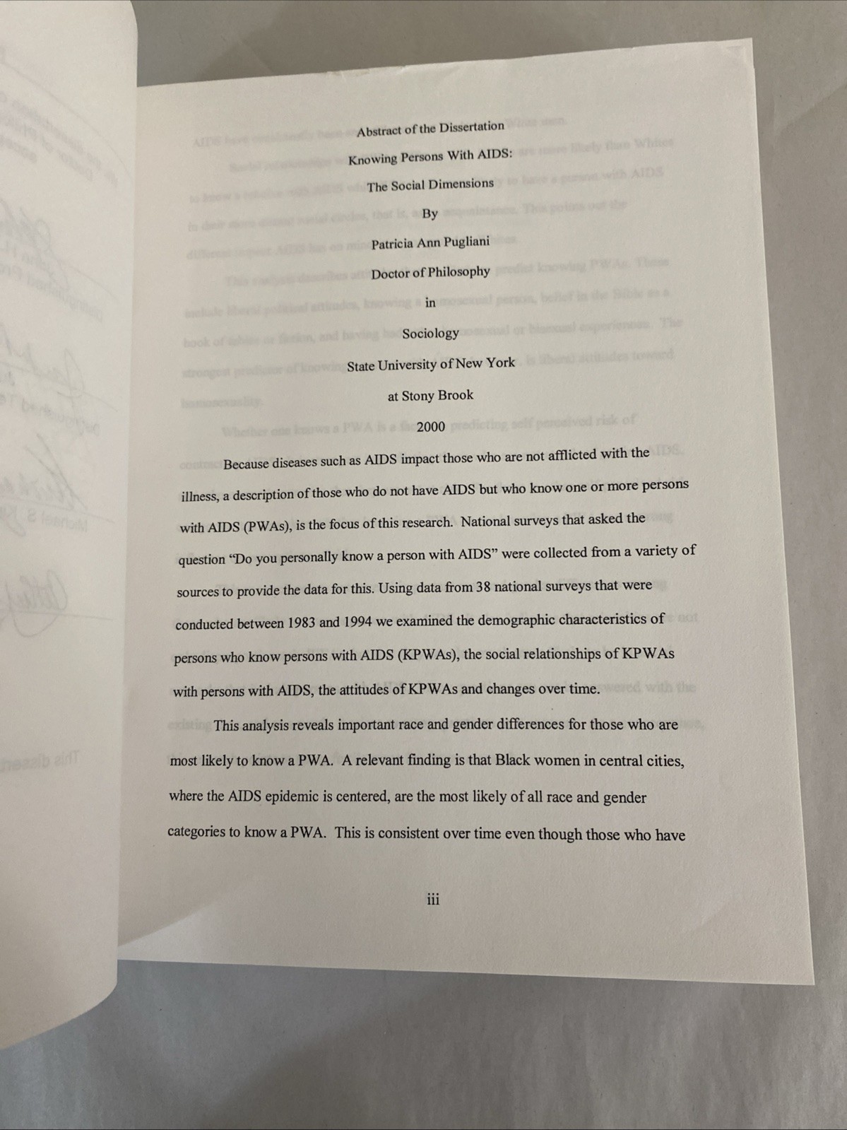 Knowing Persons With AIDS Social Dimensions Pugliani 2000 PhD Diss HC 298p 9×11+