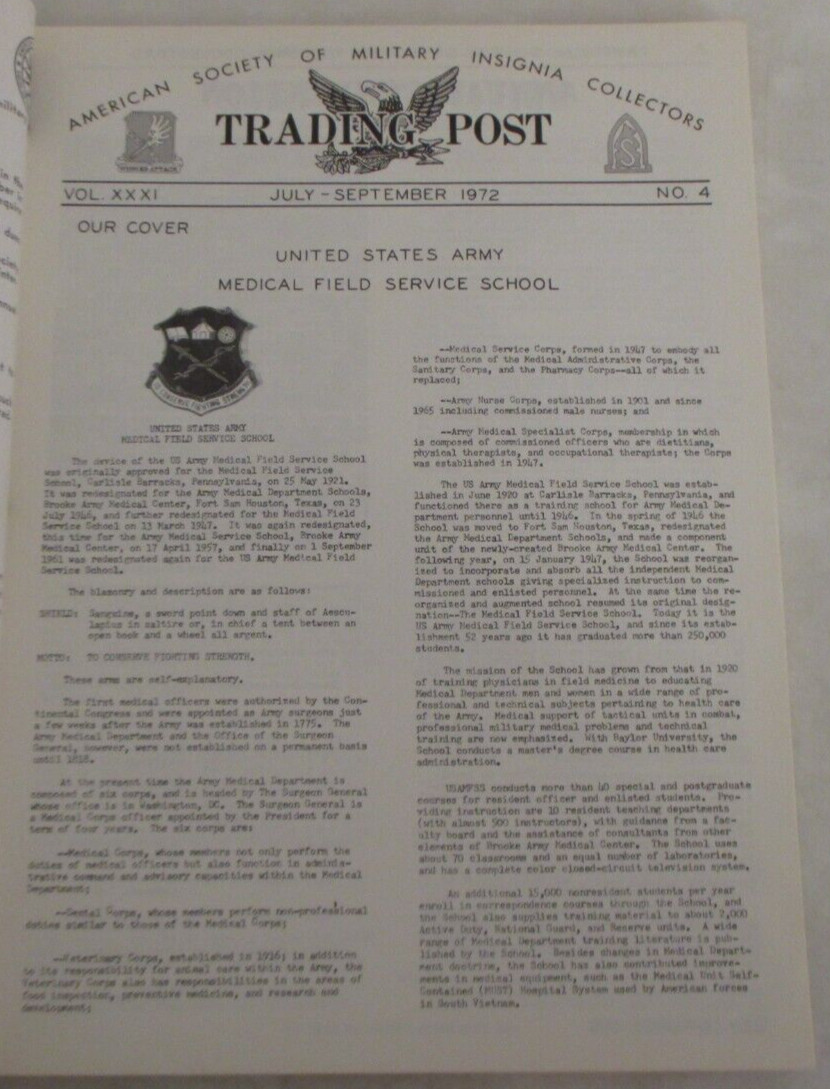 Trading Post: Distinctive Insignia of US Army Medical School (July-Sep 1972)