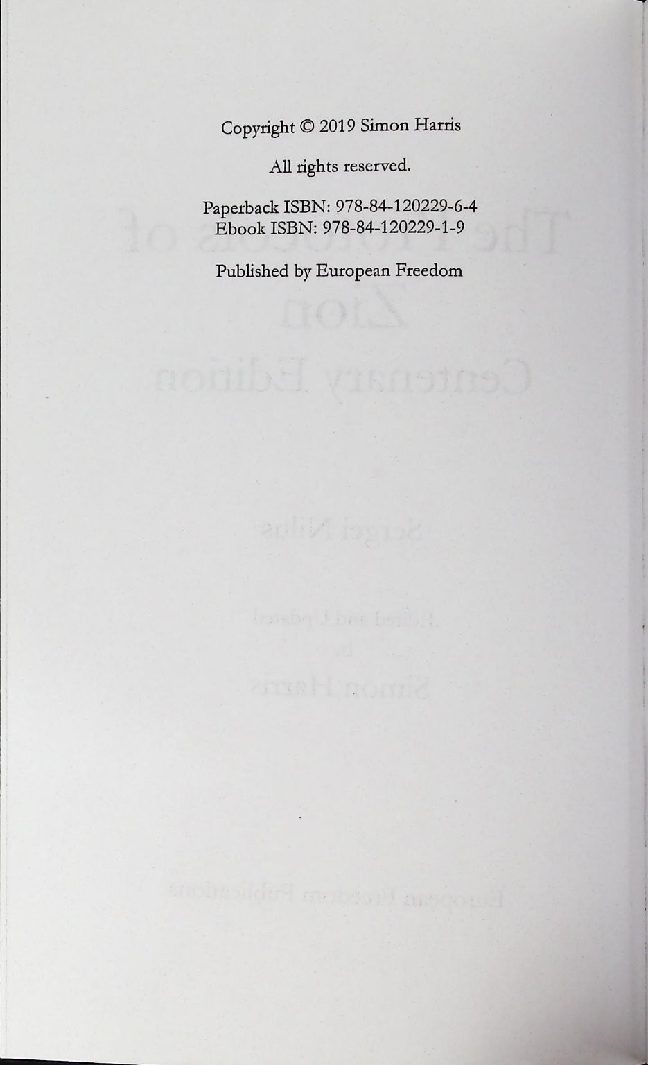 Protocols of Zion Sergei Nilus 2019 Centenary Edition European Freedom