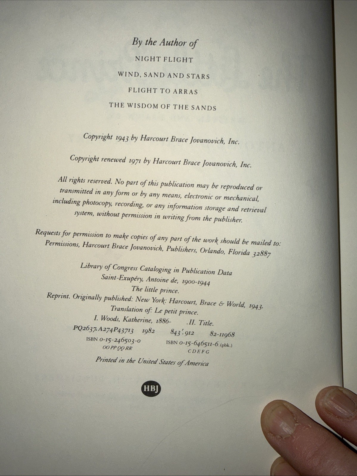 THE LITTLE PRINCE Antoine de Saint-Exupery HBDJ 1971 Katherine Woods