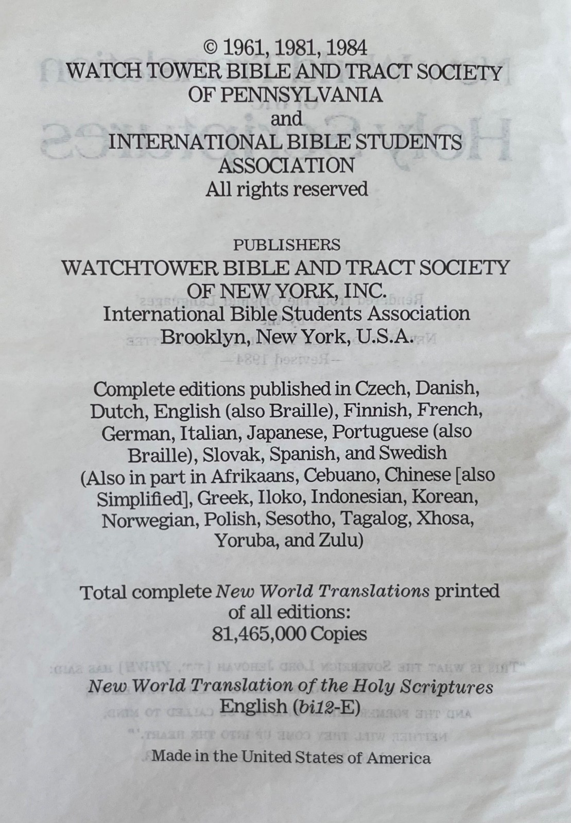 NEW WORLD TRANSLATION OF THE HOLY SCRIPTURES WatchTower Society Black Cover 1984