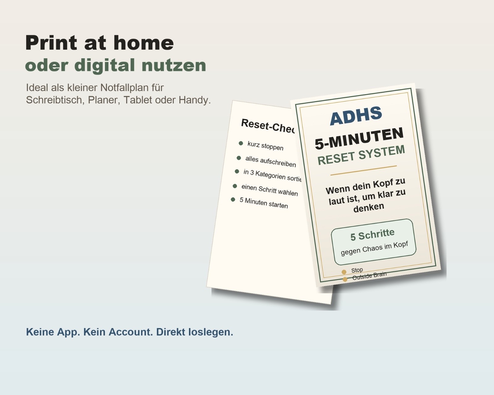 ADHS 5-Minuten Reset PDF Quick Guide Fokus Brain Dump Selbstorganisation