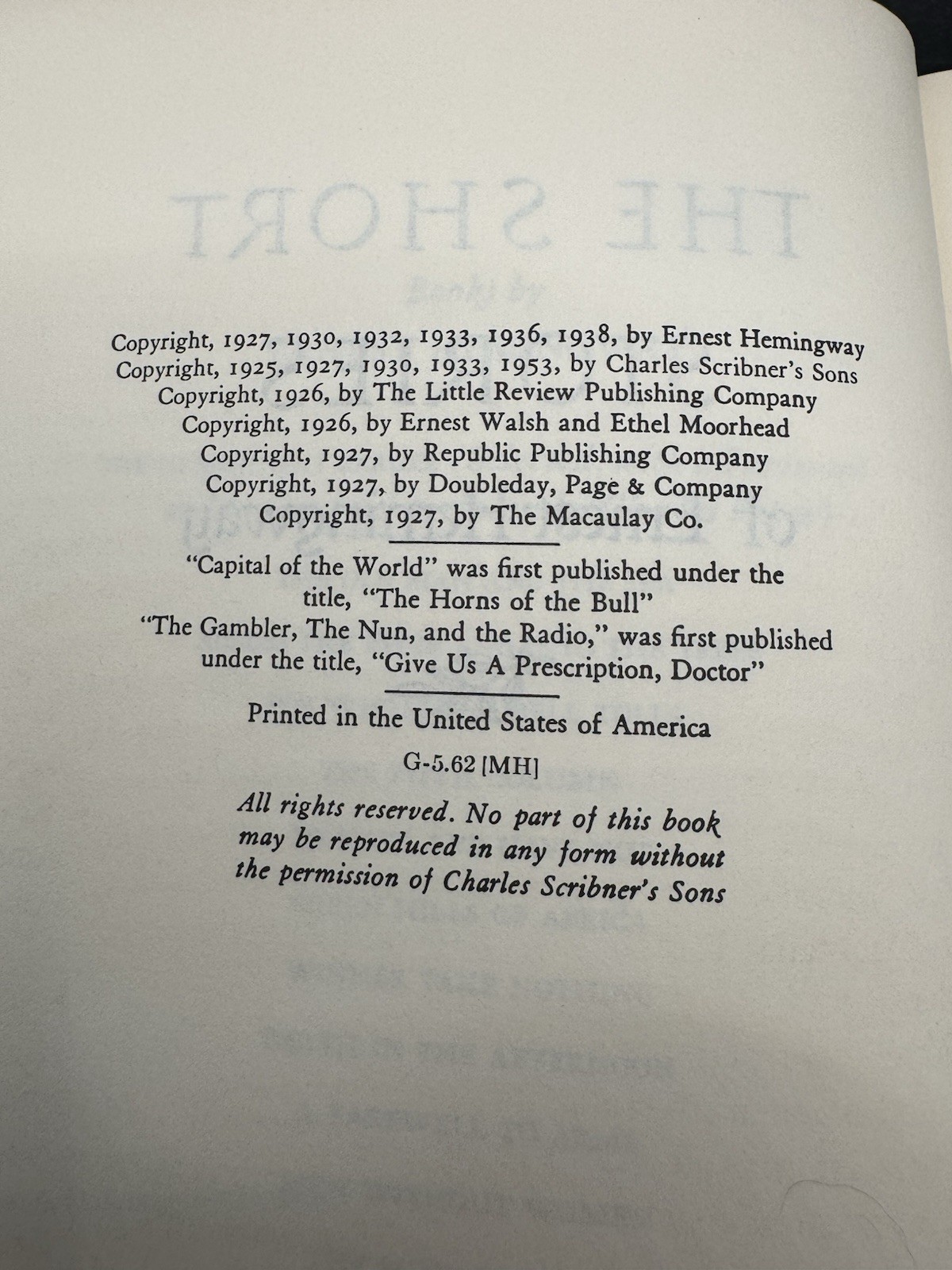 The Short Stories of Ernest Hemingway Hardcover Scribners Sons 1962