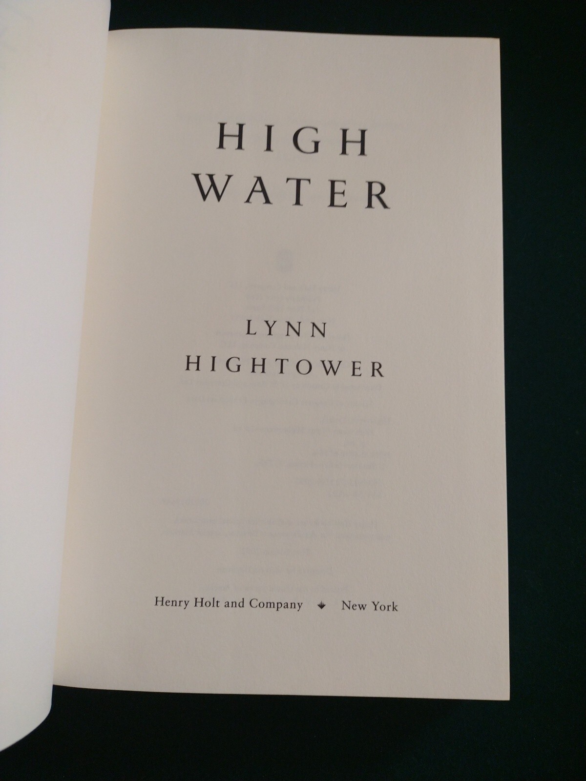 High Water by Lynn Hightower (2002 hardcover) 1st Ed Henry Holt and Co