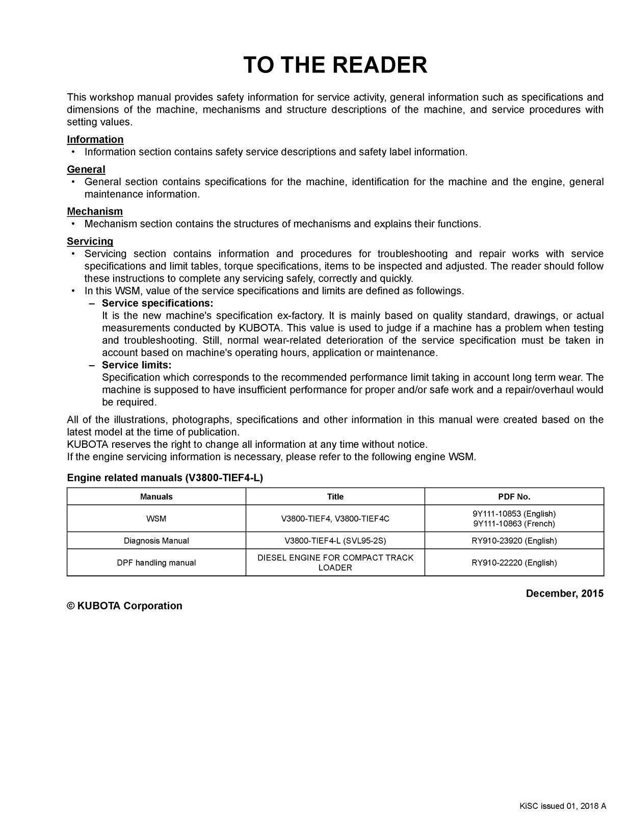 KUBOTA SVL95-2 COMPACT TRACK LOADER WORKSHOP MANUAL, LOOP CLOSURE – XL FOLDOUTS!