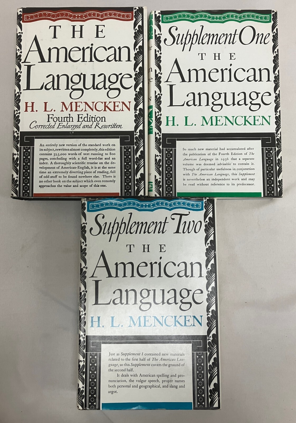 3 VOLUME SET The American Language by H. L. Mencken w/Supplements 1 & 2 HCs