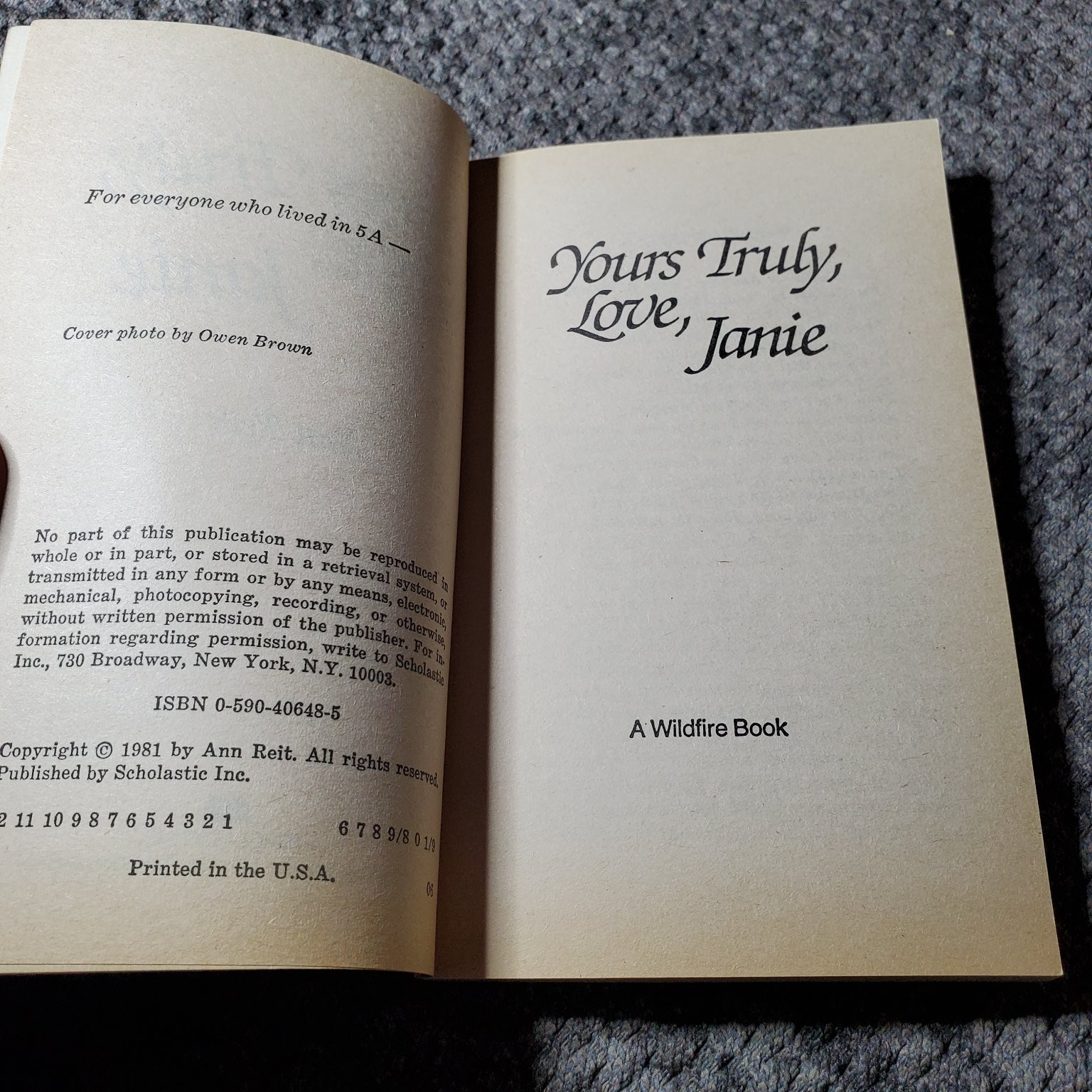 Yours Truly, Love, Janie Ann Reit 1981 Wildfire Scholastic Romance Book