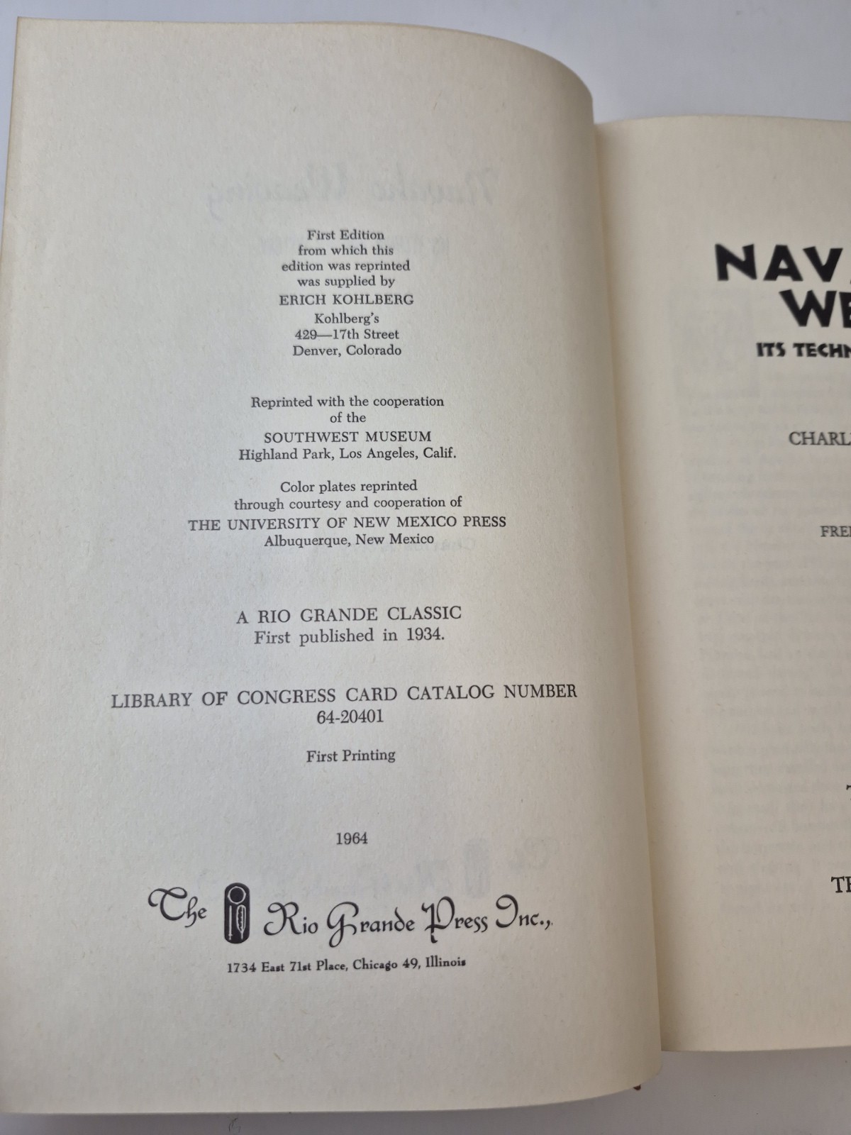 Navaho Weaving It’s Technic and It’s History Charles Avery Amsden 1964 1st Ed
