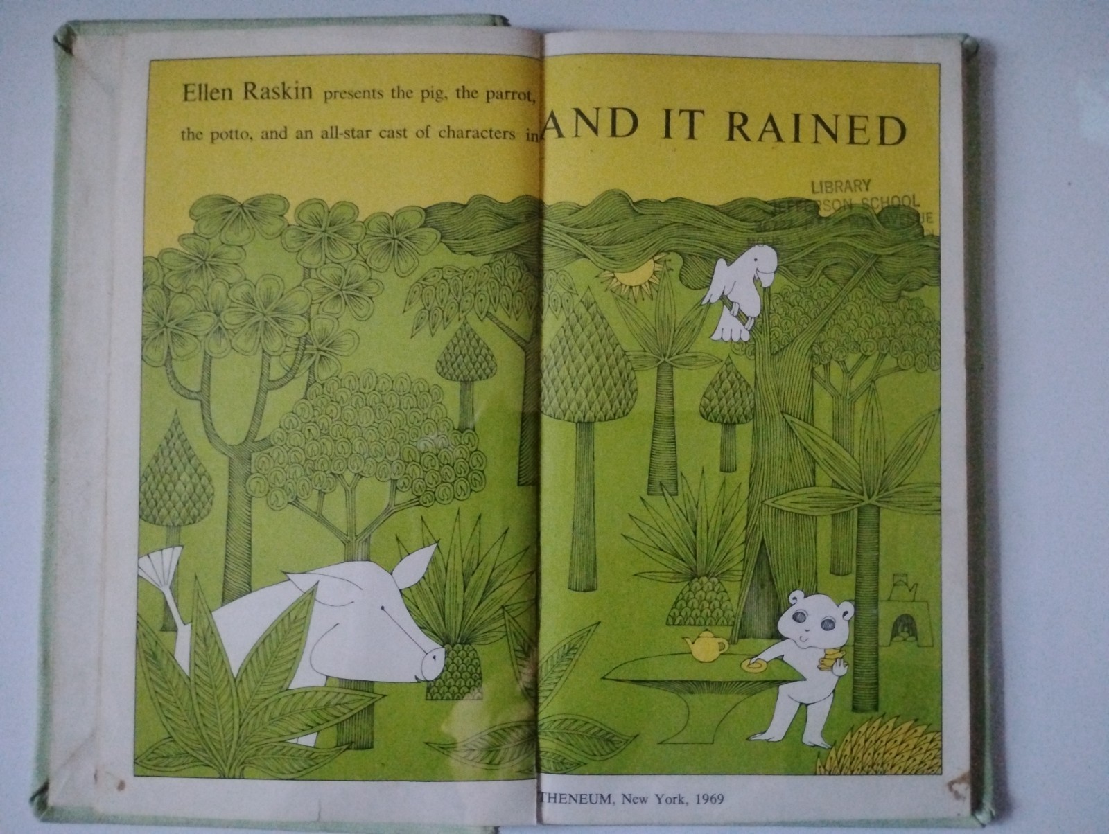 And It Rained Ellen Raskin 1969 1st Edition Atheneum Tea with Jungle Animals HC