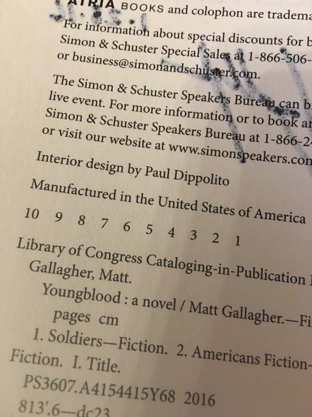 Young Blood Matt Gallagher Signed 1st HC Ptg. Atria 2016 Fine Unread