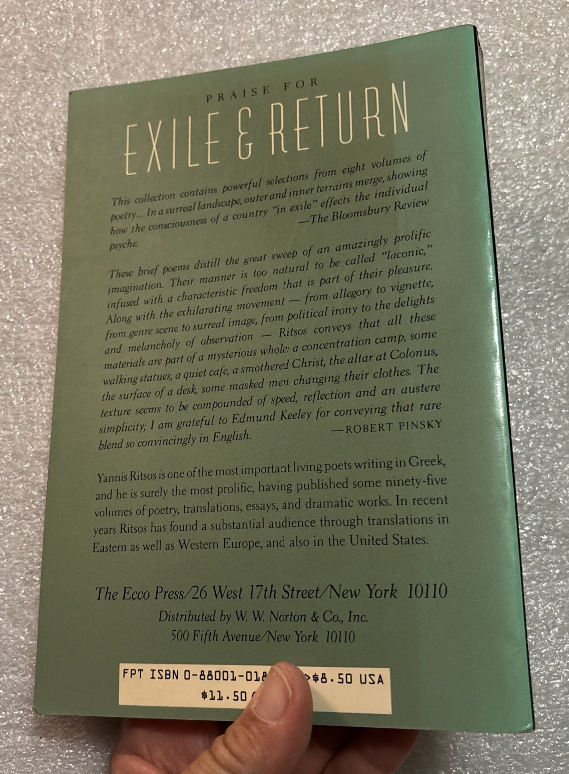 Selected Poems, 1967-1974: Exile and Return by Yannis Ritsos 1st Edition 1985 PB