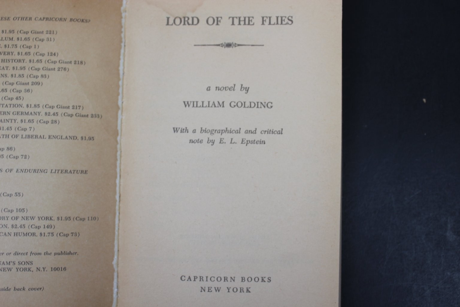 Lord of the Flies William Golding 1959 49th Imp. Capricorn Books Classic Novel