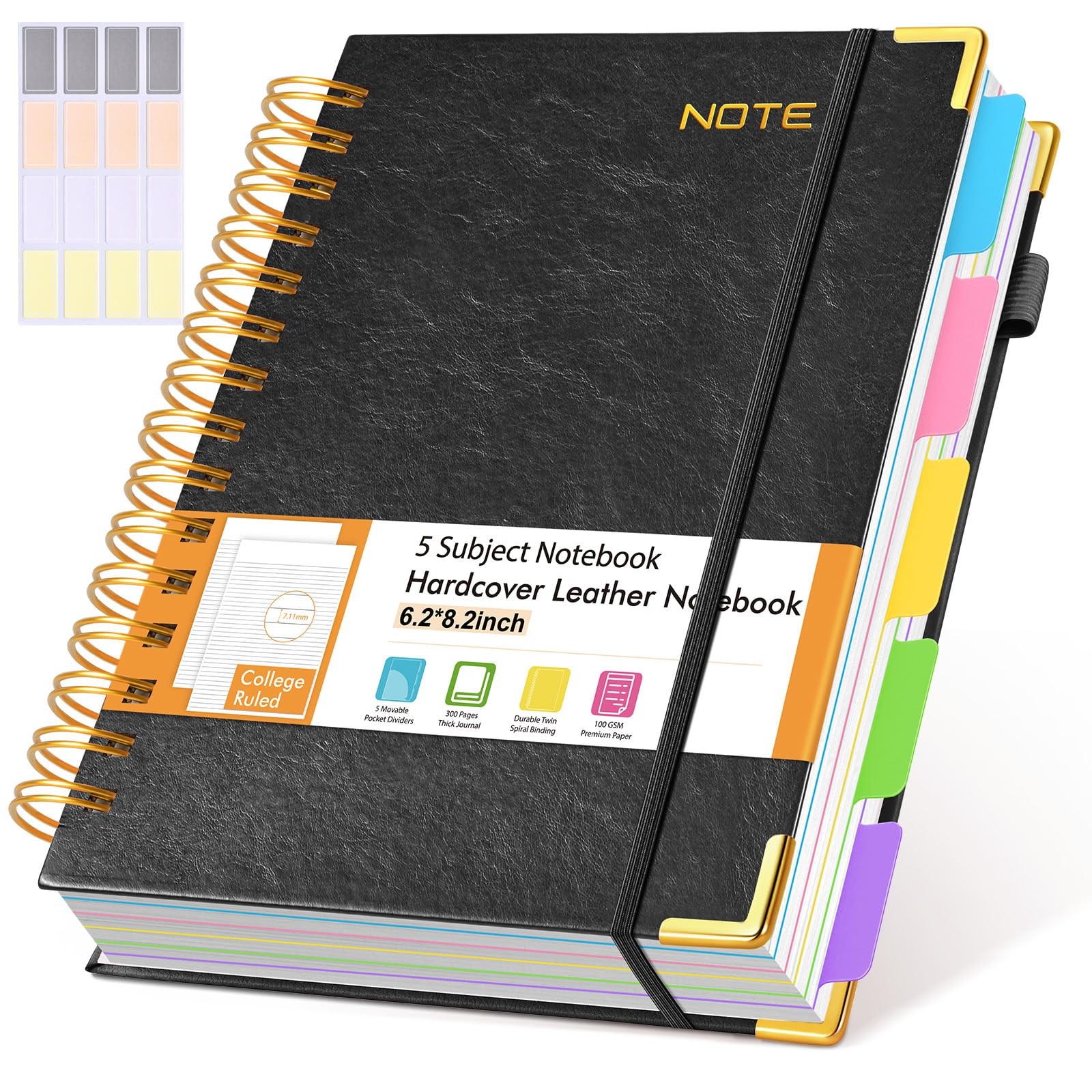 Hardcover Spiral Notebook with Removable Dividers Tabs, 300 pages Leather 5 S…