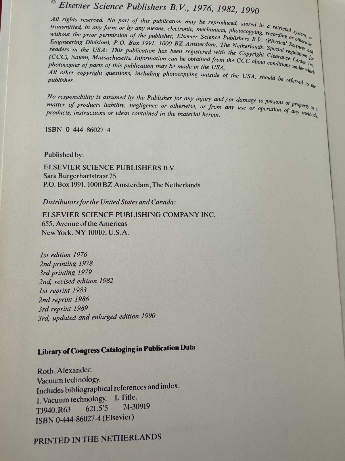Vacuum Technology, A. Roth, Third Updated and Enlarged Edition, 1990