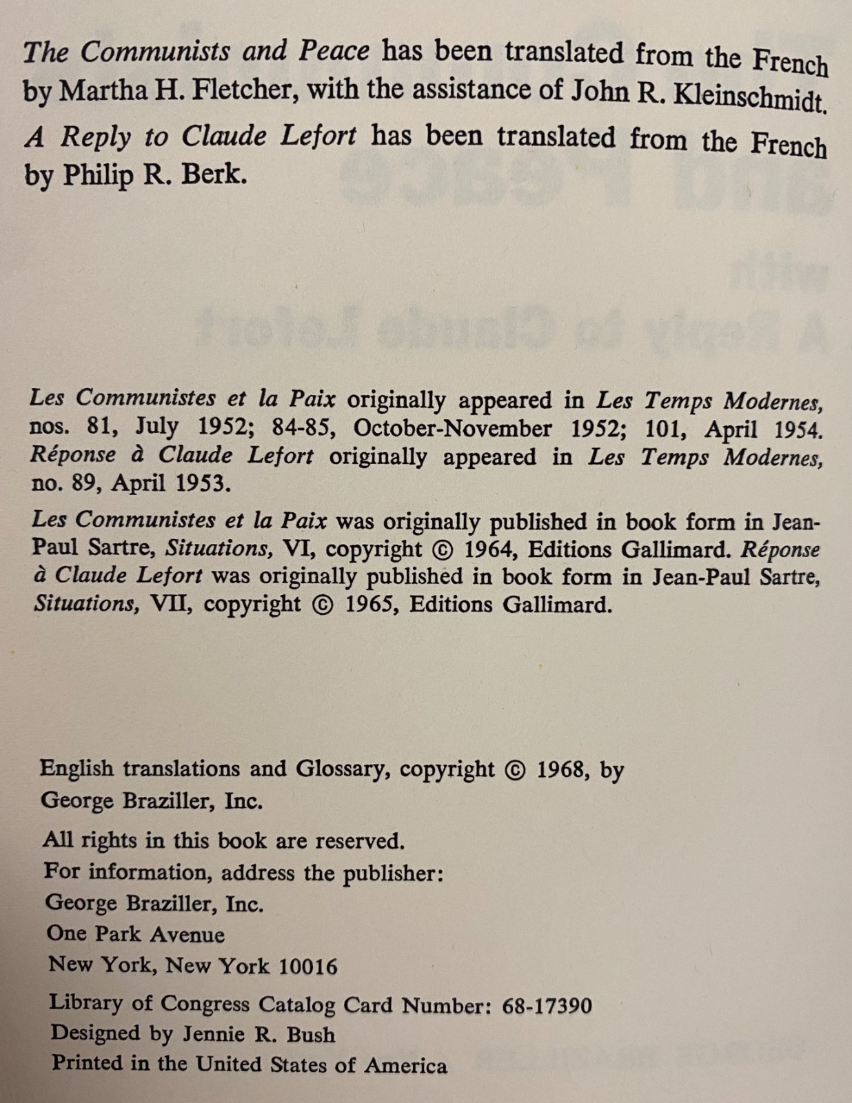 3 hardcover 1st editions by Jean Paul Satre SITUATIONS, COMMUNIST & PEACE, LIFE